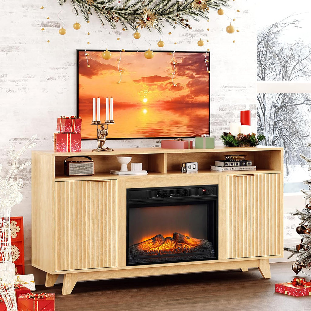 Bonnlo 58' Electric Fireplace TV Stand for 70-Inch TVs - Modern Media Console with Adjustable Shelves, Open Storage, Built-in Heater & 6 Flame Colors, Finish - Perfect for Living Room & Bedroom, Oak