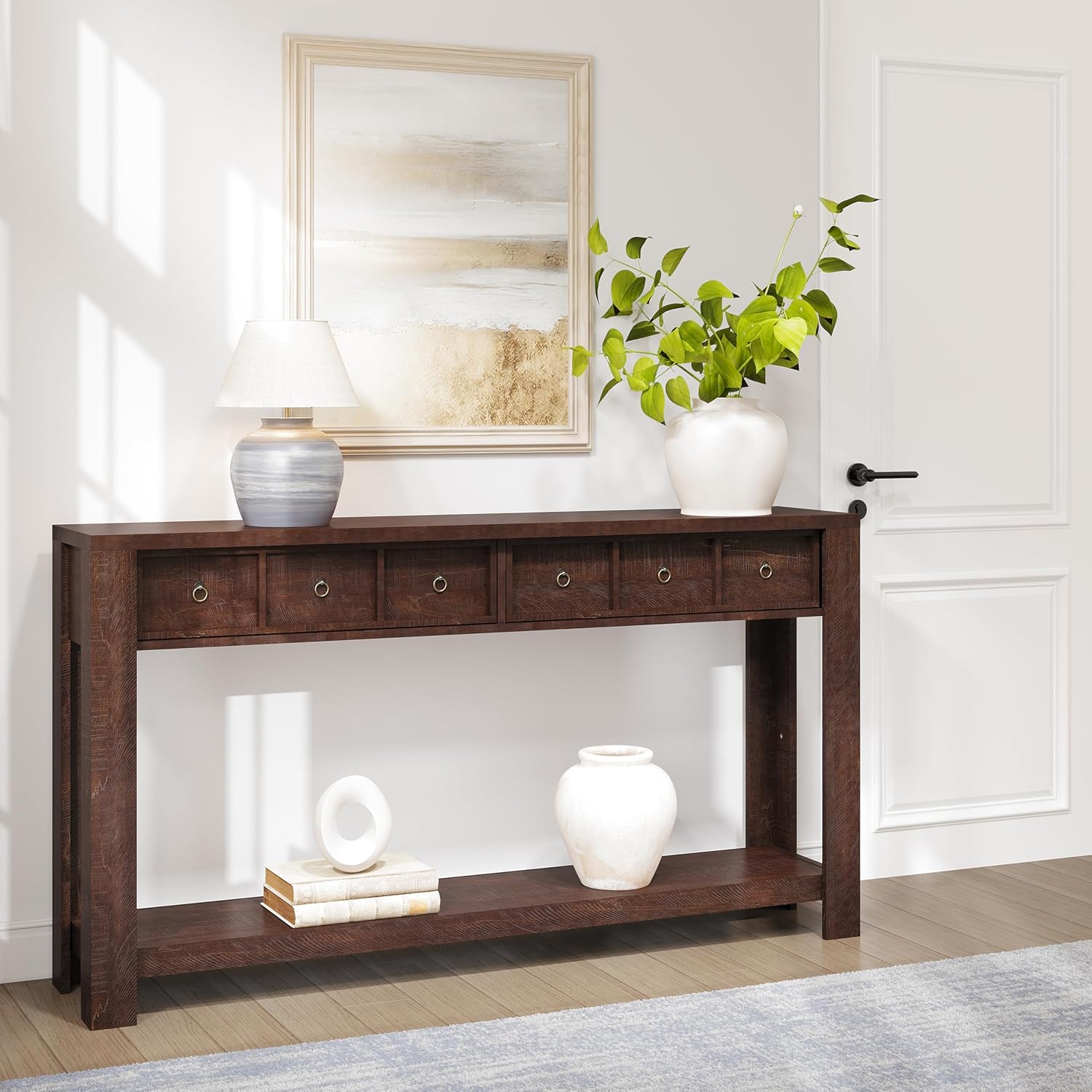 IDEALHOUSE 54inch Rustic Wooden Entryway Table with 2 Drawers & Open Shelf – Farmhouse Console Sofa Table for Hallway, Foyer & Living Room, Brown