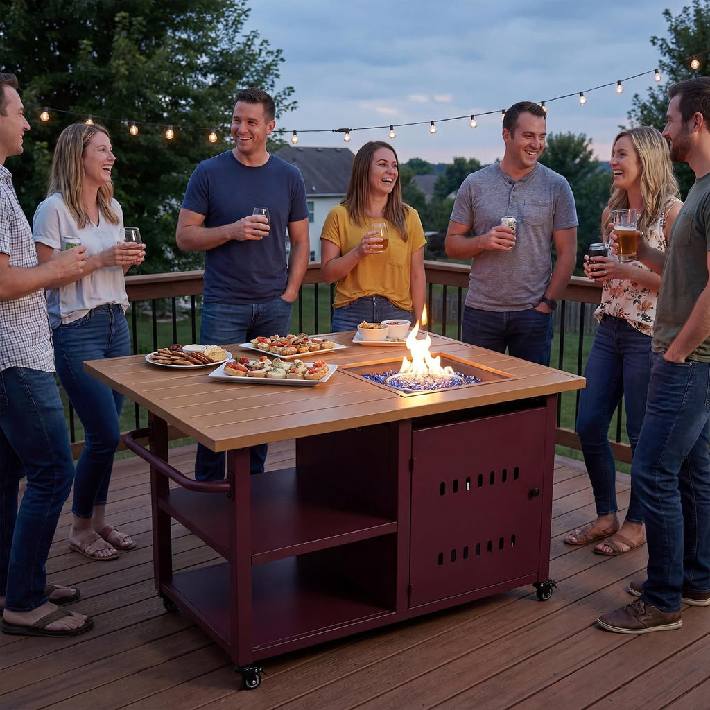 44' Propane Fire Pit, Outdoor Fire Pit Table with Cover, Outdoor Fireplace Gas Fire Pits for Outside Patio, Rectangular Firepit Table with Lid and Glass Rocks for Indoor/Deck/Backyard, Red