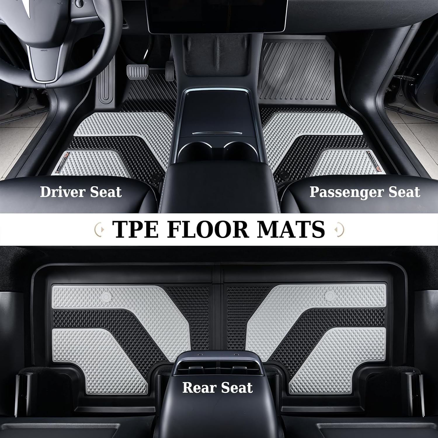 Coverado Floor Mats Full Set, Cargo Liners Compatible with Tesla Model Y 5 Seat 2024 2023 2022 2021 2020, All Weather TPE Cargo Liner Floor Liners, Trunk Floor Mat BlackGray Two-Tone