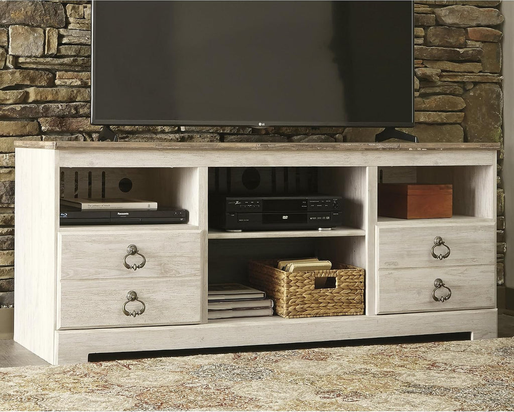 Signature Design by Ashley Willowton Farmhouse 3-Piece Entertainment Center for TVs up to 73' with LED Lighting, Whitewash