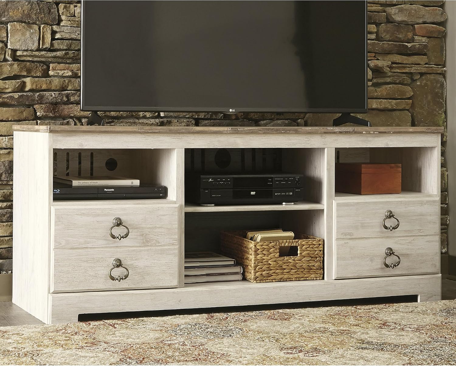 Signature Design by Ashley Willowton Farmhouse 3-Piece Entertainment Center for TVs up to 73' with LED Lighting, Whitewash