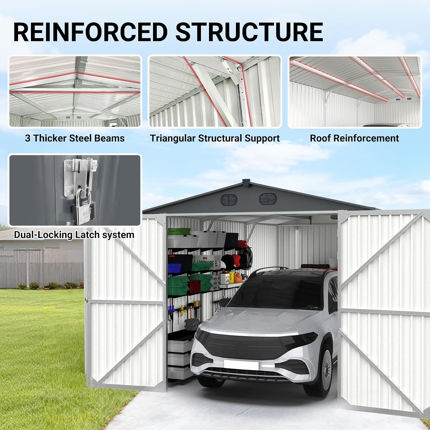 13x20 Ft Outdoor Metal Garage Shed, Extra Large Storage Shed with Double Hinged Doors, Carport for Car, Truck, Bicycle and Garden Equipment, Dark Gray