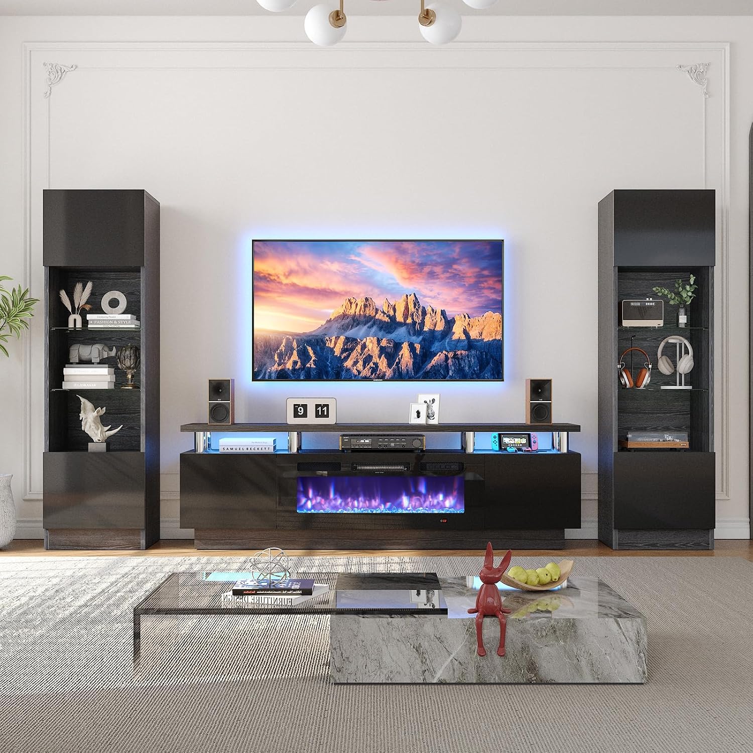 MXV 70' Fireplace TV Stand, Modern Entertainment Center & 36 Inch Electric Fireplace with Remote Control, LED Light, Fire Place Tv Stand for Living Room for TVs up to 80', Black + Black