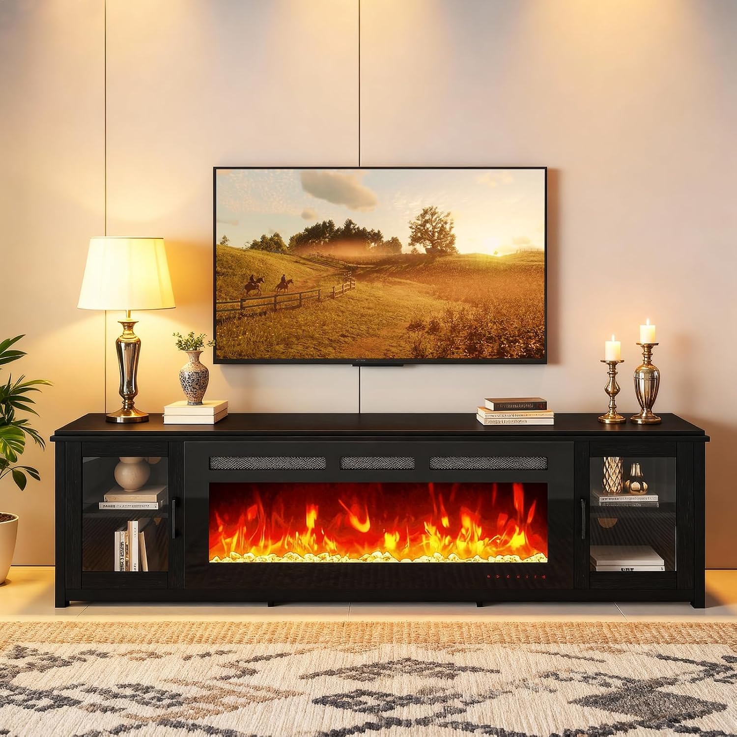 80' Fireplace TV Stand with 50' Smart Fireplace, LED Light Entertainment Center and Storage, Media TV Console for TVs Up to 90',Fire Place TV Stands for Living Room, Black