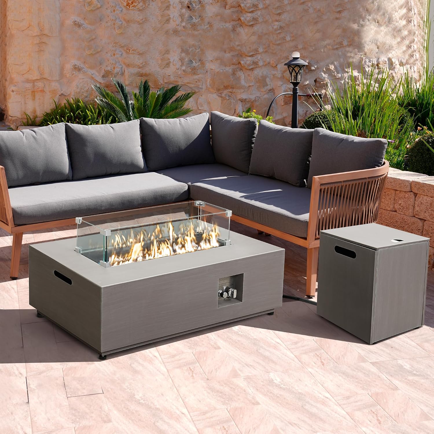 Werph 42'' Propane Fire Pit Table Set with Tank Holder, CSA Certifed 50,000 BTU Outdoor Firepit Table, Wind Guard & Glass Stones, Smoke-Free Rectangular Fire Table for Garden Porch Backyard