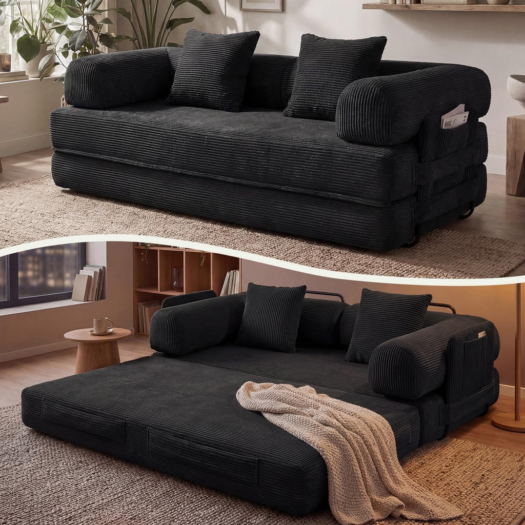 79' Sofa Bed Convertible Boneless Couch Corduroy Modular Couch Bed with Fixed-Shape Frame & Removable Armrests for Living Room, Bedroom (Black)