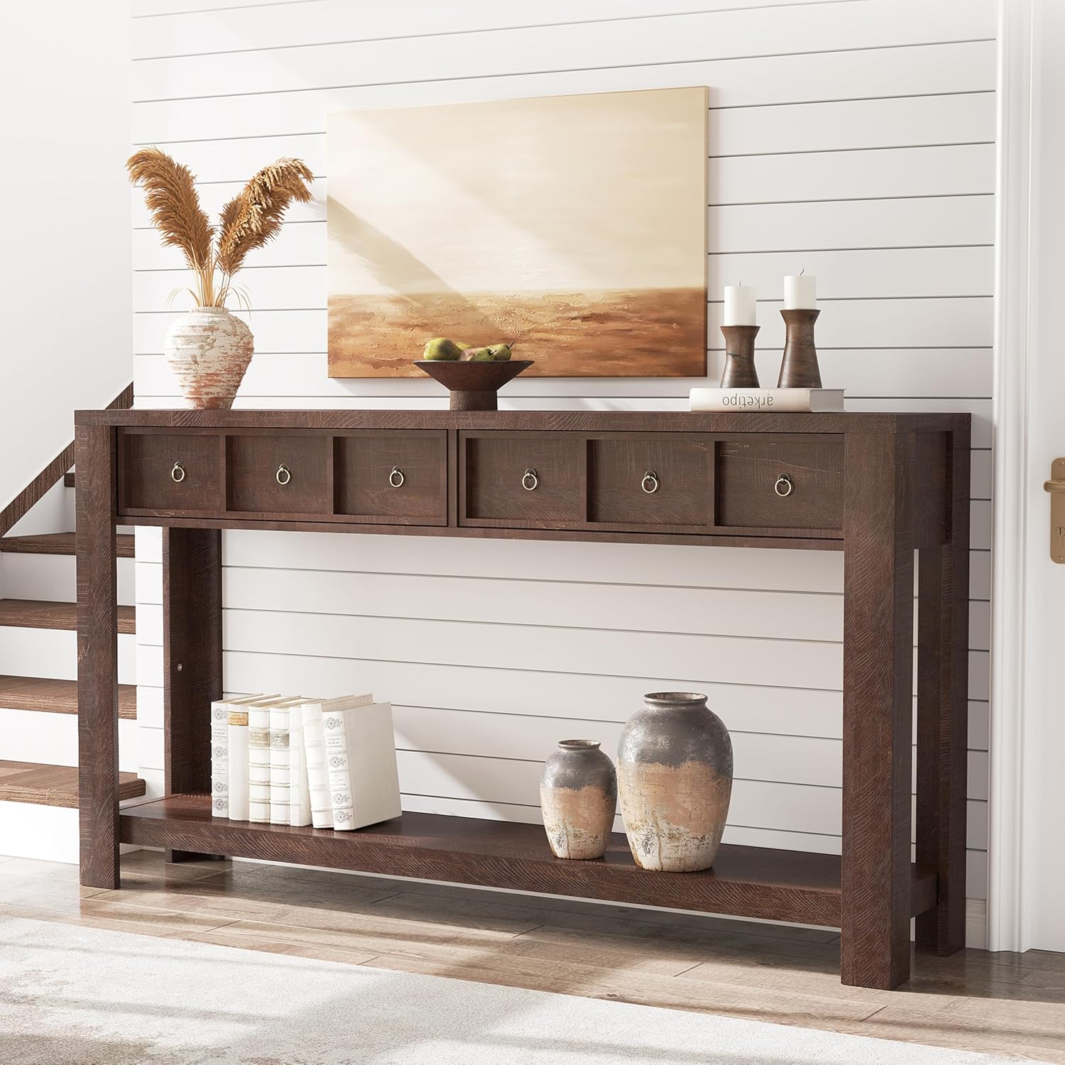 IDEALHOUSE 54inch Rustic Wooden Entryway Table with 2 Drawers & Open Shelf – Farmhouse Console Sofa Table for Hallway, Foyer & Living Room, Brown