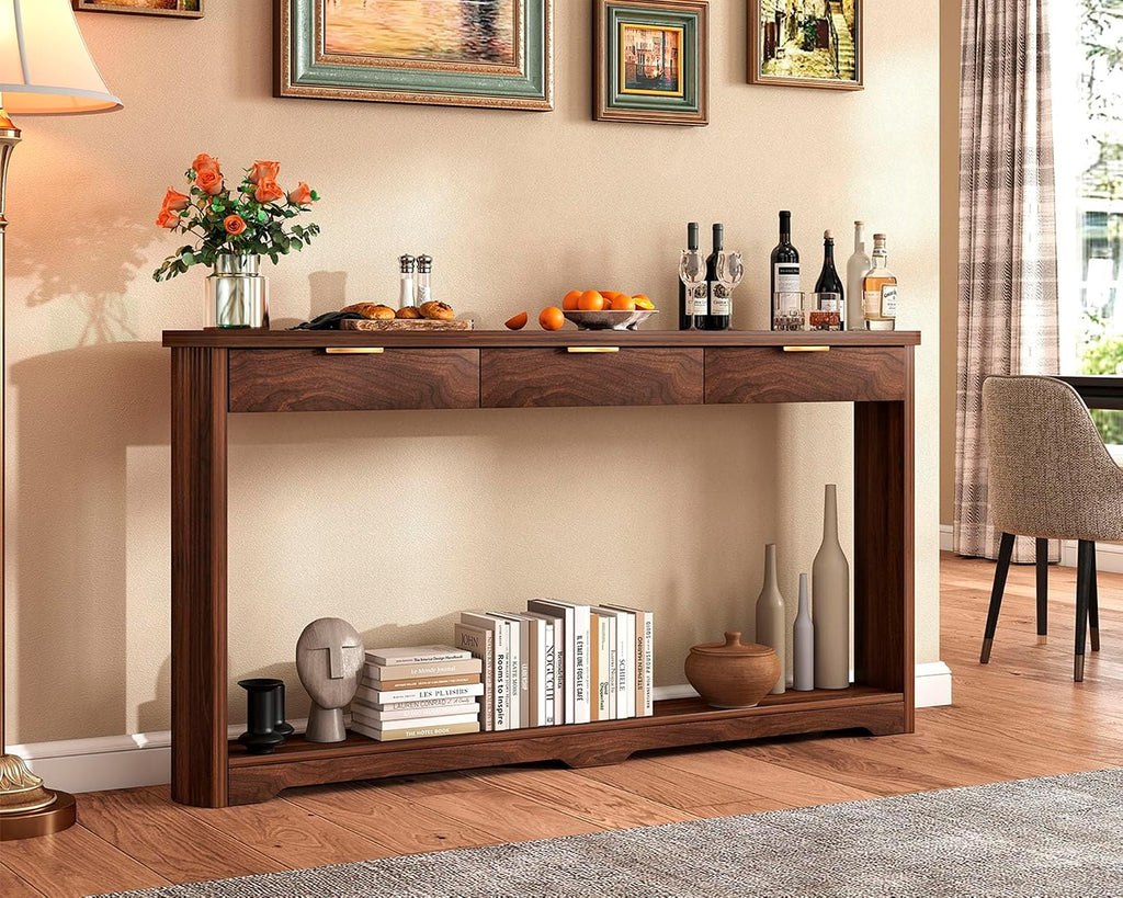 Rovibek Entryway Table with Drawers, 70 Inch Fluted Walnut Console Table with Storage, Narrow Sofa Tables Behind the Couch, Entry Tables for Living Room, Hallway, Entrance, Foyer