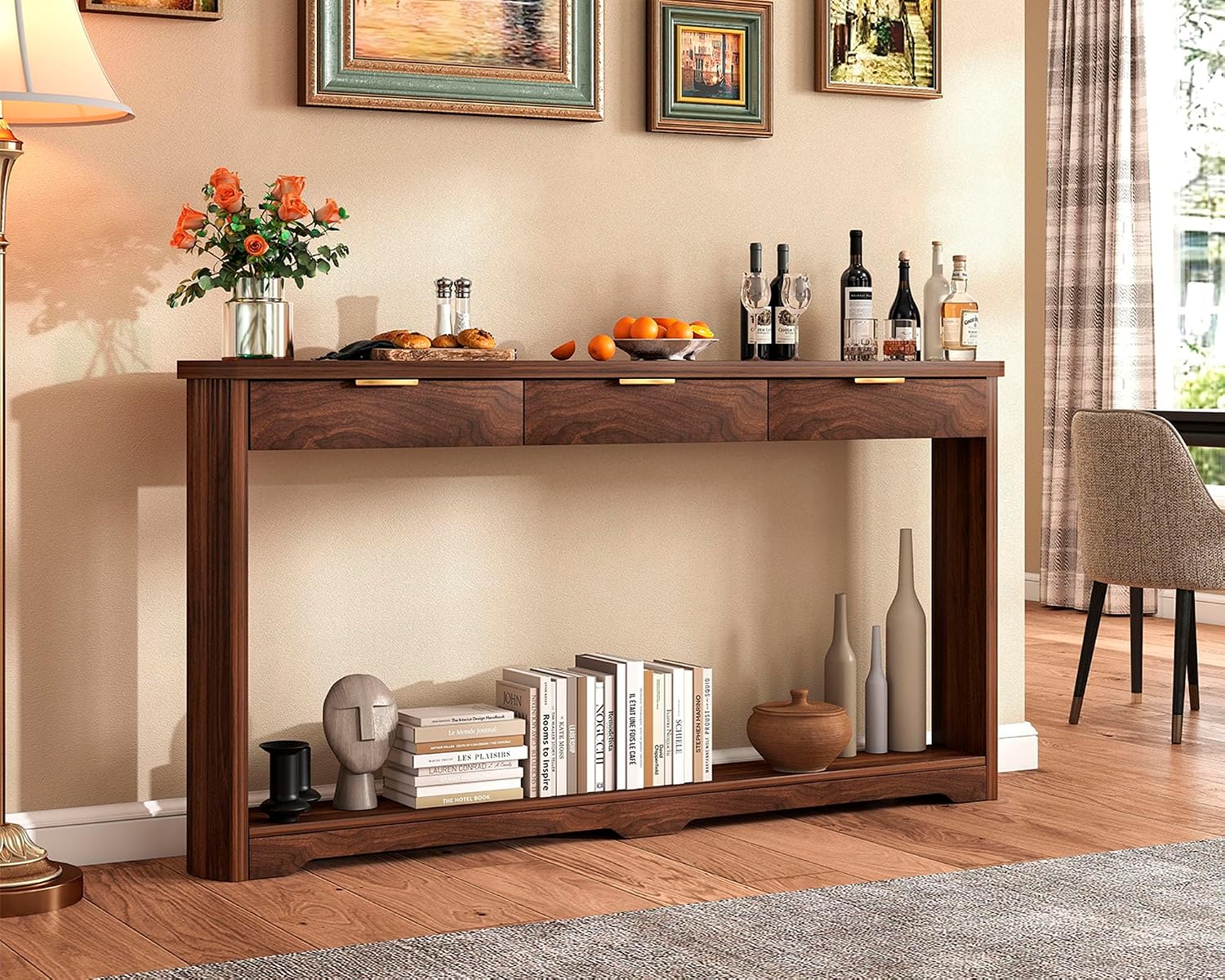 Rovibek Entryway Table with Drawers, 70 Inch Fluted Walnut Console Table with Storage, Narrow Sofa Tables Behind the Couch, Entry Tables for Living Room, Hallway, Entrance, Foyer