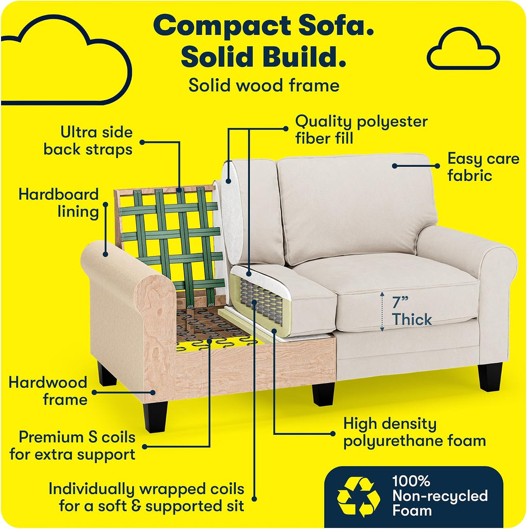 Serta Copenhagen 61' Rolled Arm Sofa, Easy Care Polyester, Soft Pillow Back, Pocket Coil Seat Cushions, Removable Covers, Loveseat or Couch for Small Spaces, Living Rooms or Bedrooms, Cream White