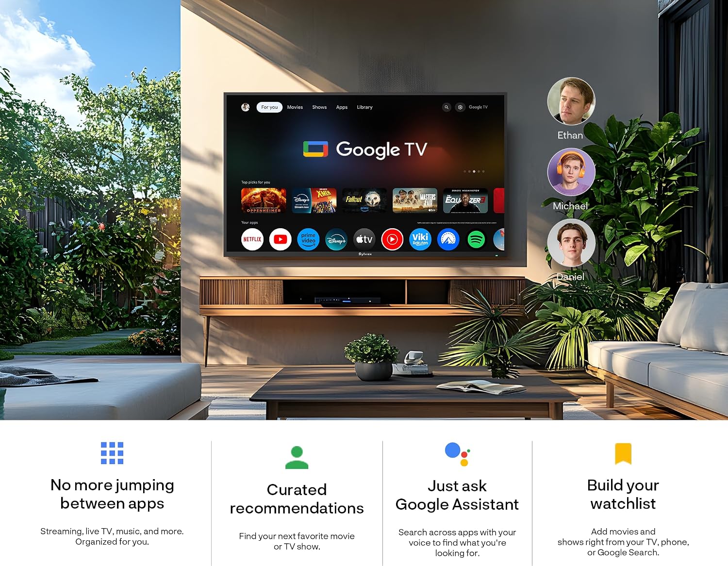 SYLVOX Outdoor TV with Rolling Stand & Soundbar, 55 inch 120Hz 4K Smart TVs, Weatherproof & IP55 Waterproof, Compatible with Google & Dolby Atmos, HDMI 2.1 & USB 3.0, 1000 Nits Outside TV for Gaming