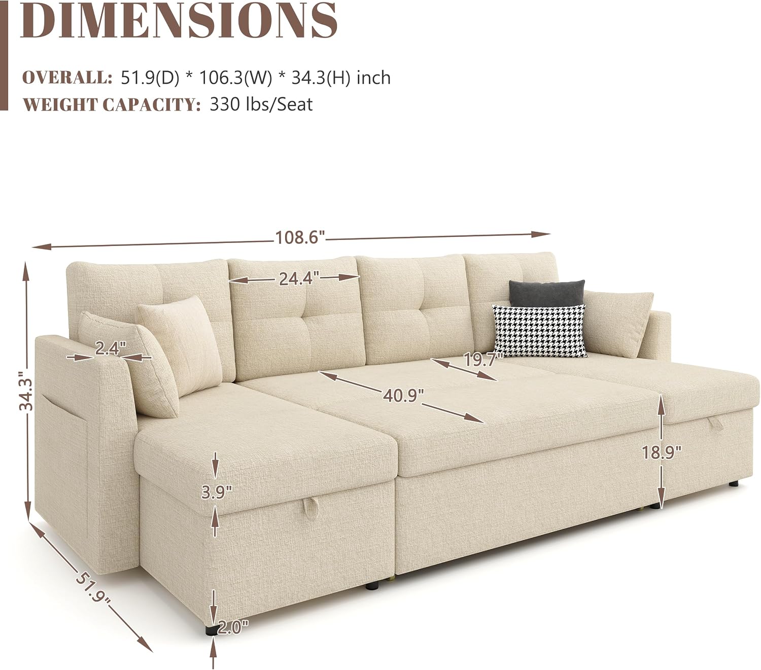 Huatean Home Oversized Sleeper Couch Sofa, Sectional Sleeper Sofa Bed with Side Pocket for Living Room, 110 inch 2 in 1 Pull Out Couch with Double Storage Chaise, Beige