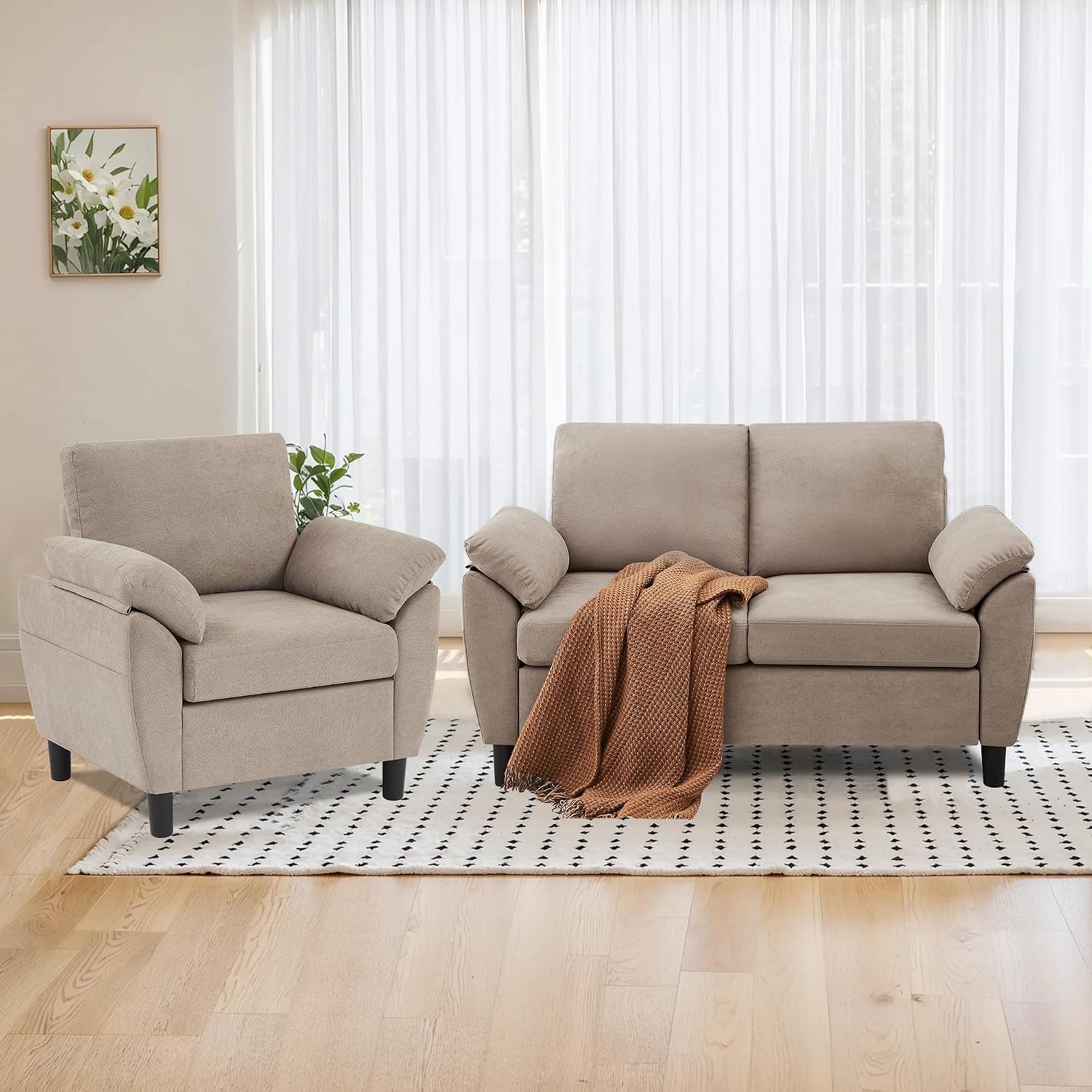 2 Pieces Sectional Sofa Set, 57' Loveseat and 35' Accent Chair, Linen Upholstered Armchair and 2-Seat Loveseat Sofa Set, Couches for Living Room, Apartment, Beige