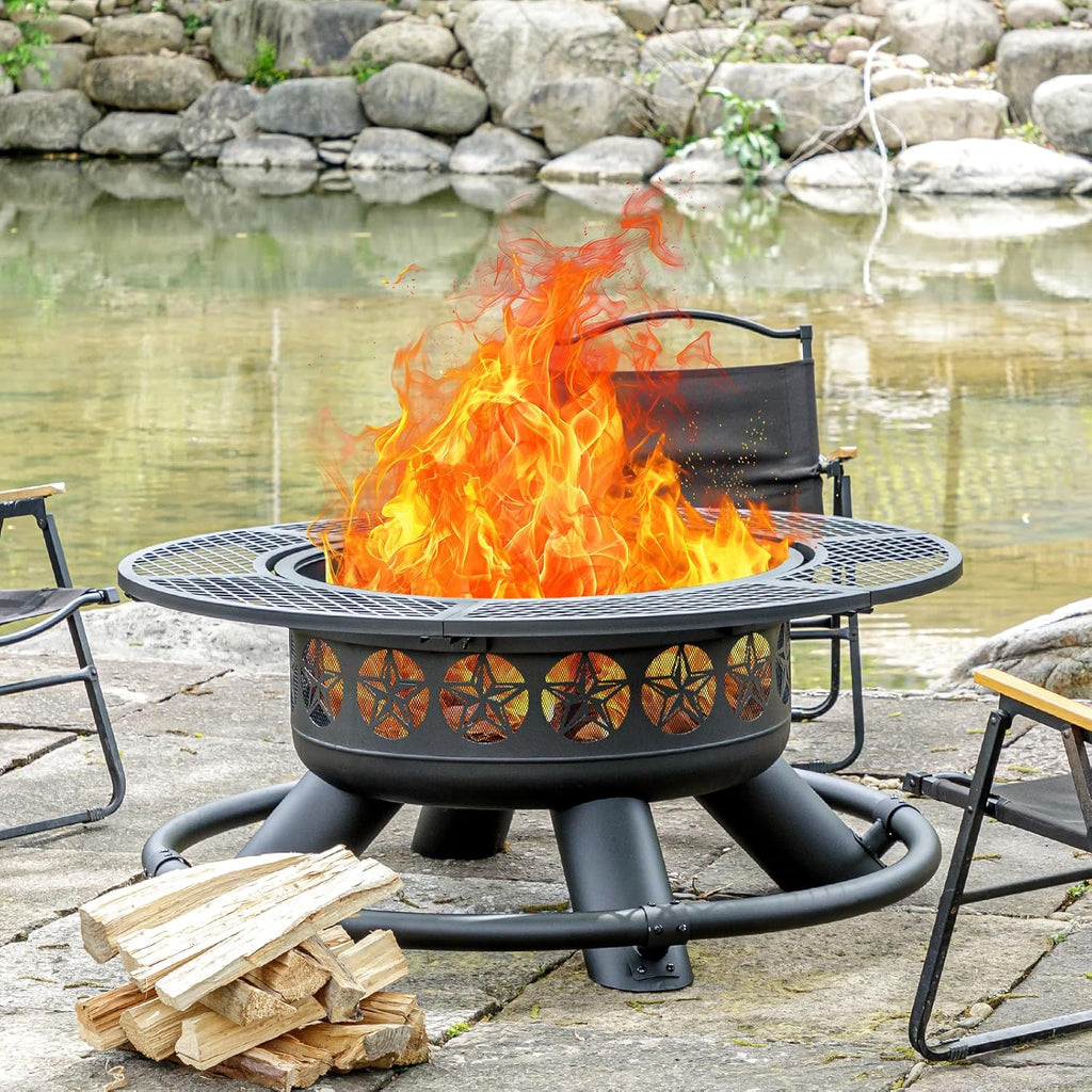 Verdeluxe 47 Inch Outdoor Fire Pit with 2 Grills, Extra Large BBQ Firepits for Outside, Metal Round Fire pits with Lid&Fire Poker,3 in 1 Wood Burning Outdoor Fireplaces for Backyard,Patio,Bonfire