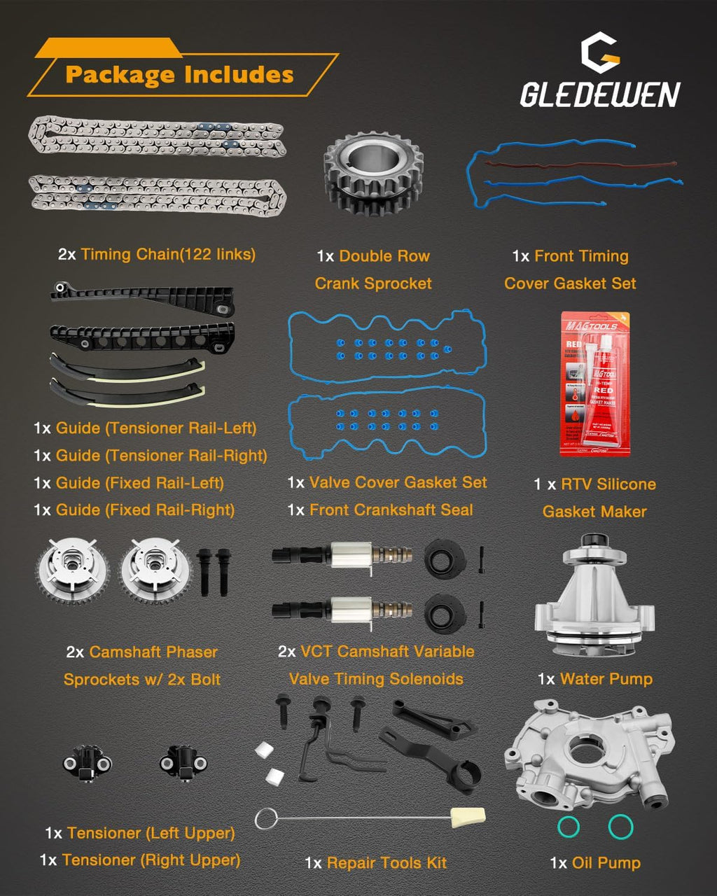 Timing Chain Kit 5.4 L, 2004-2011 Ford Expedition F-150 F-250 F-350 Super Duty, Lincoln Mark Lt Navigator, with Oil/Water Pump Timing Belt Tools, 5.4L V8 3-Valve Engine, 5L3Z-6268-A, 3R2Z6A257DA