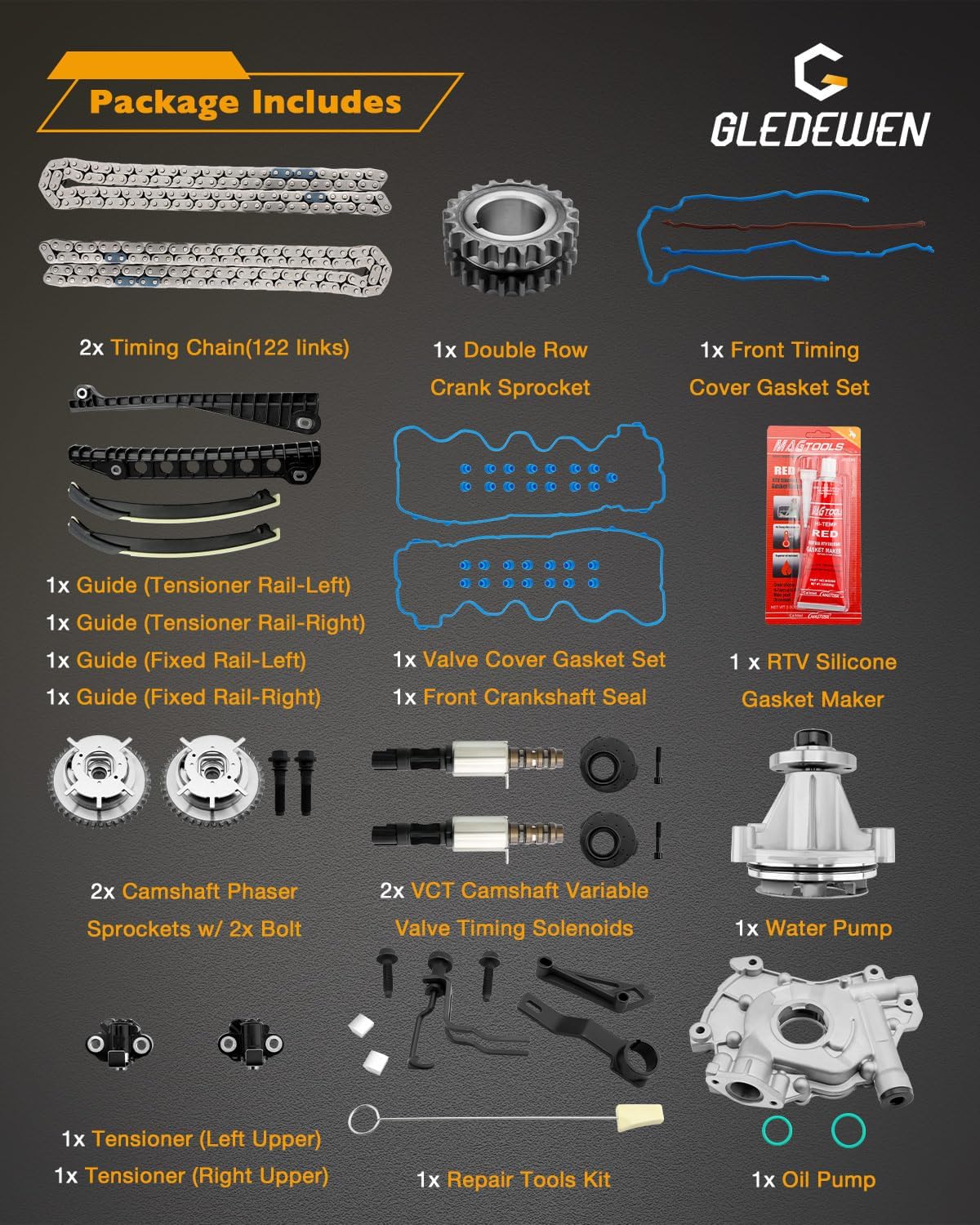 Timing Chain Kit 5.4 L, 2004-2011 Ford Expedition F-150 F-250 F-350 Super Duty, Lincoln Mark Lt Navigator, with Oil/Water Pump Timing Belt Tools, 5.4L V8 3-Valve Engine, 5L3Z-6268-A, 3R2Z6A257DA