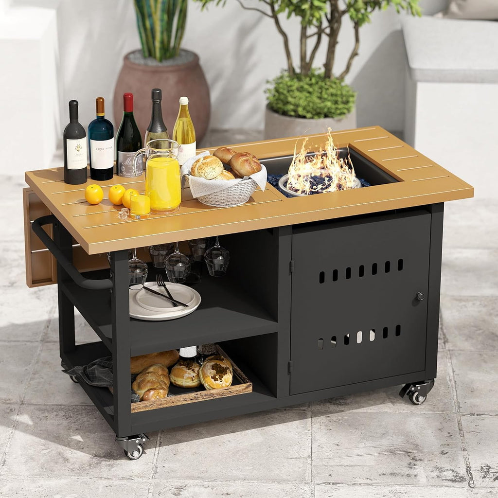 44' Propane Fire Pit, Gas Fire Pits for Outside Patio with Cover, Moveable Outdoor Storage Cabinet with Handle/Wine Guard, BBQ Grill Cart for Patio with Extendable Tabletop for Deck, Black