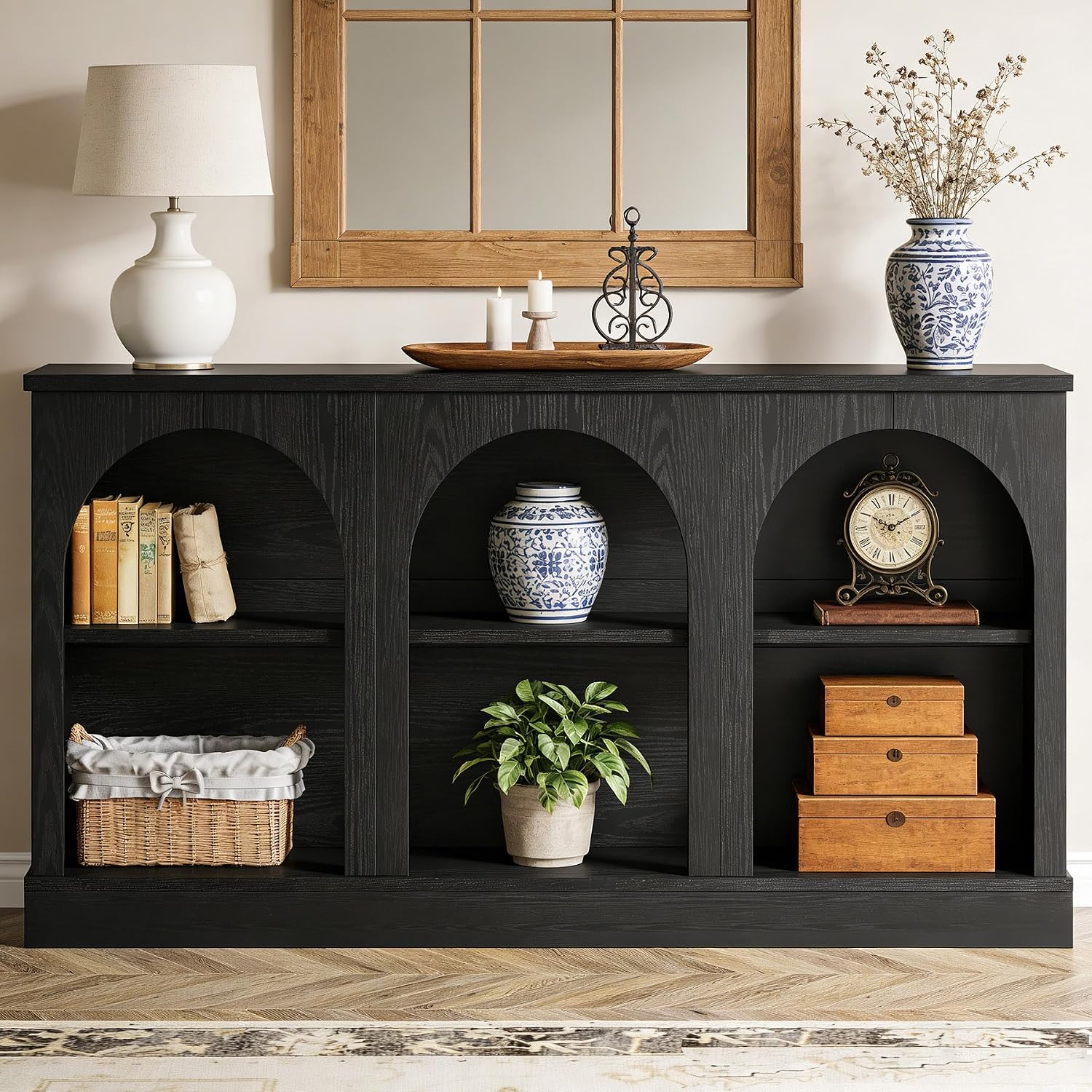 Tribesigns Wooden Narrow Entryway Table with 3-Tier Storage Shelf, 63' Long Modern Farmhouse Sofa Console Table for Hallway, Living Room, Entrance, or Bedroom (Black)