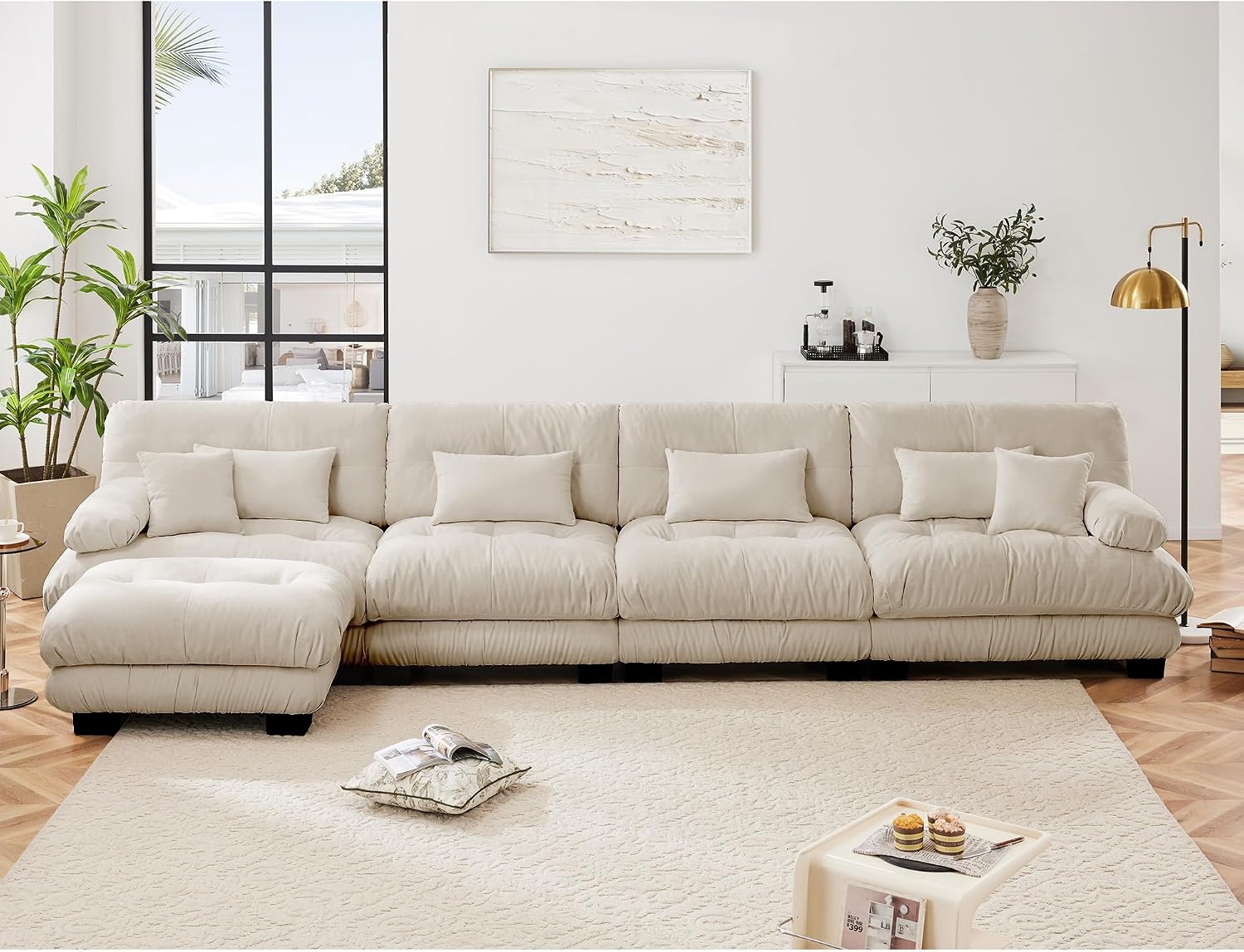 Modular Sectional Sofa 173.2' Cloud Couch, L Shaped Couch with Movable Ottoman, Modern Deep Seat Couches for Living Room, Oversized 4-Seater Sofa Comfy Chenille Sofas for Bedroom, Light Coffee