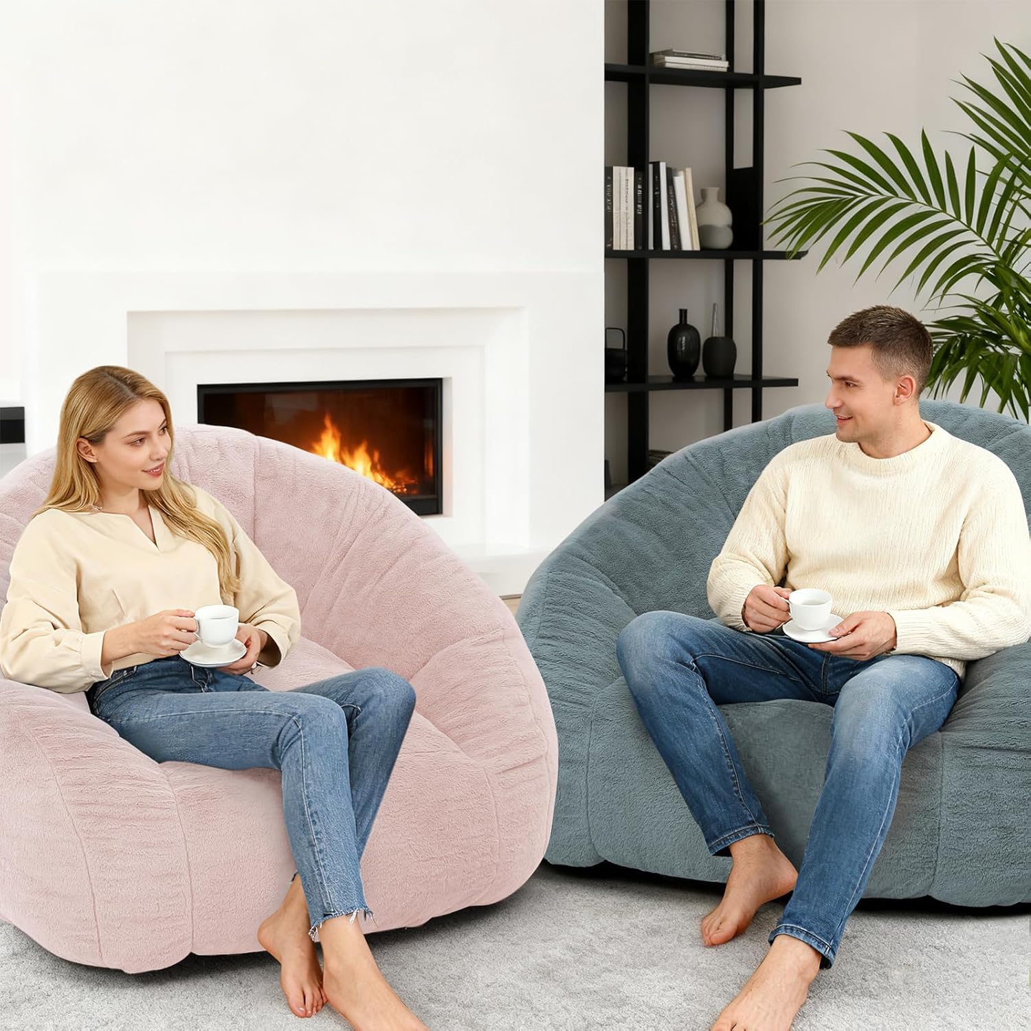 Bean Bag Chair for Adults, Soft Faux Fur Giant Beanbag Chairs, Oversized Cozy Bean Bag Couch Large Reading Chair, Comfy Bean Bag Sofa for Living Room, Bedroom & Dorm, Dusty Pink