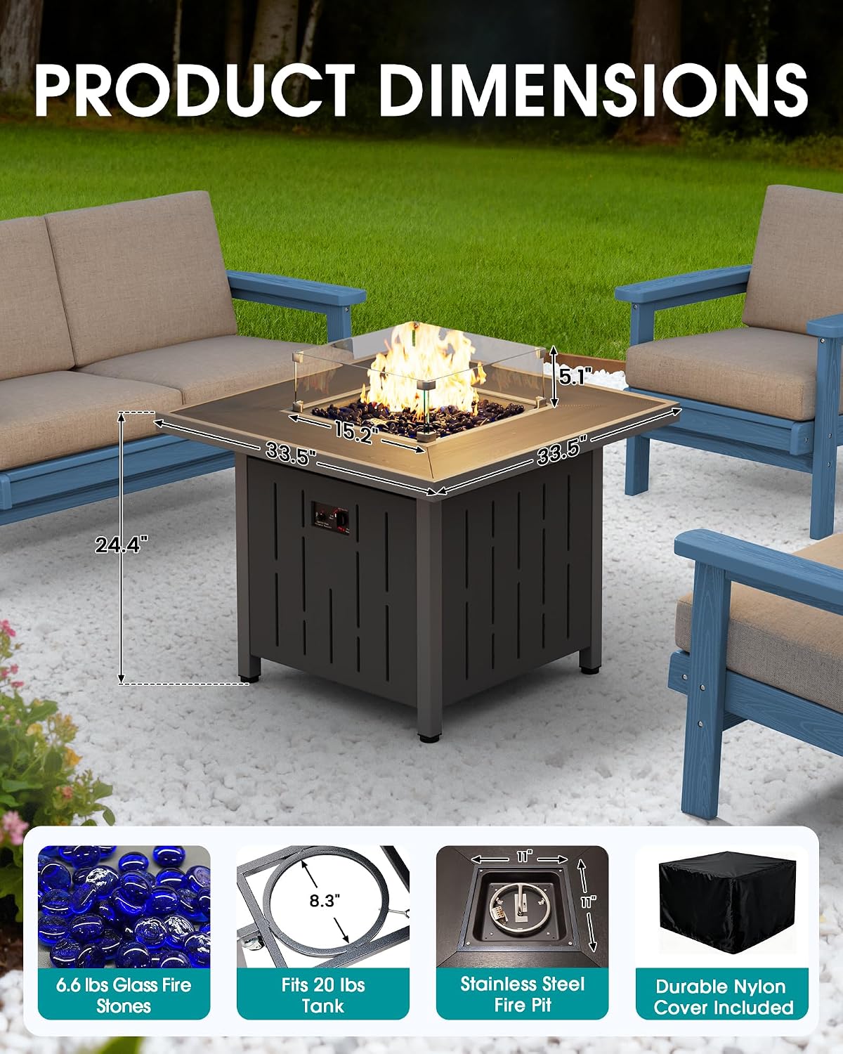 SERWALL 33' Outdoor Fire Pit Table, 50,000 BTU Square Propane Fire Pit Table with Lid, Glass Rock & Glass Wind Guard, HDPE Outdoor Furniture for Patio, Garden, Backyard, Black