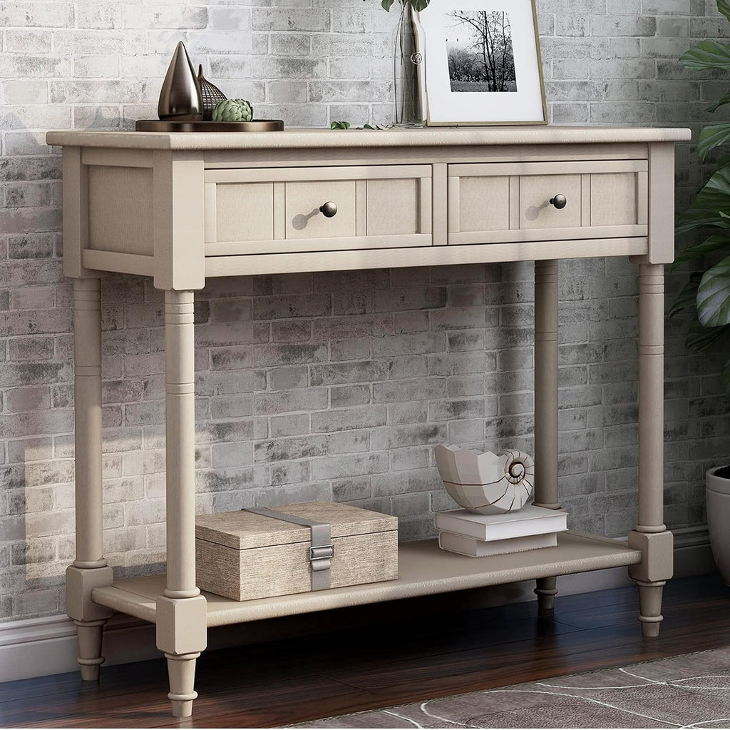 Merax Wood Sofa Table Console Table,Entryway Table Traditional Design with Two Drawers and Bottom Shelf for Living Room,Hallway,Dining Room,Retro Grey