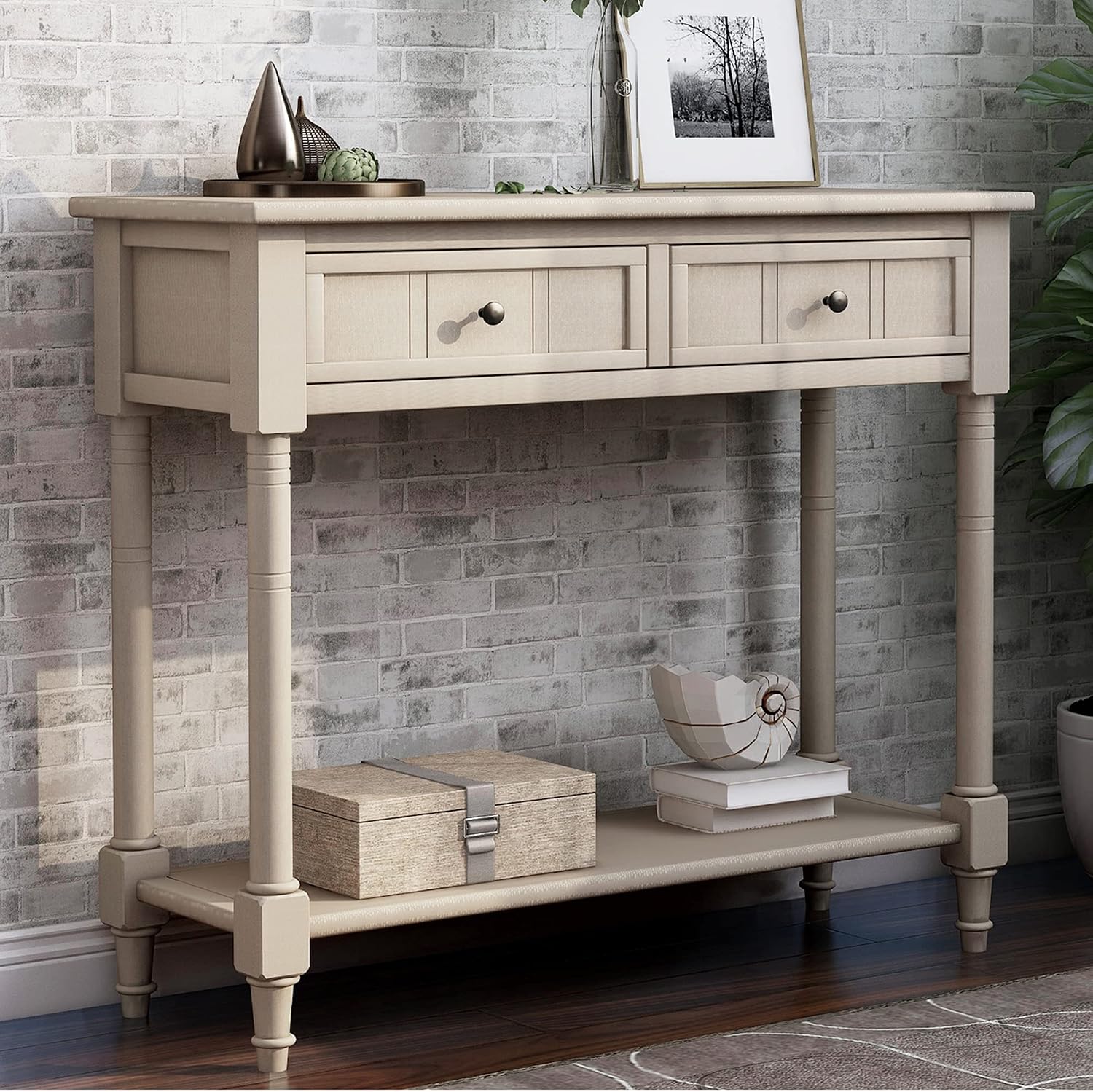 Merax Wood Sofa Table Console Table,Entryway Table Traditional Design with Two Drawers and Bottom Shelf for Living Room,Hallway,Dining Room,Retro Grey