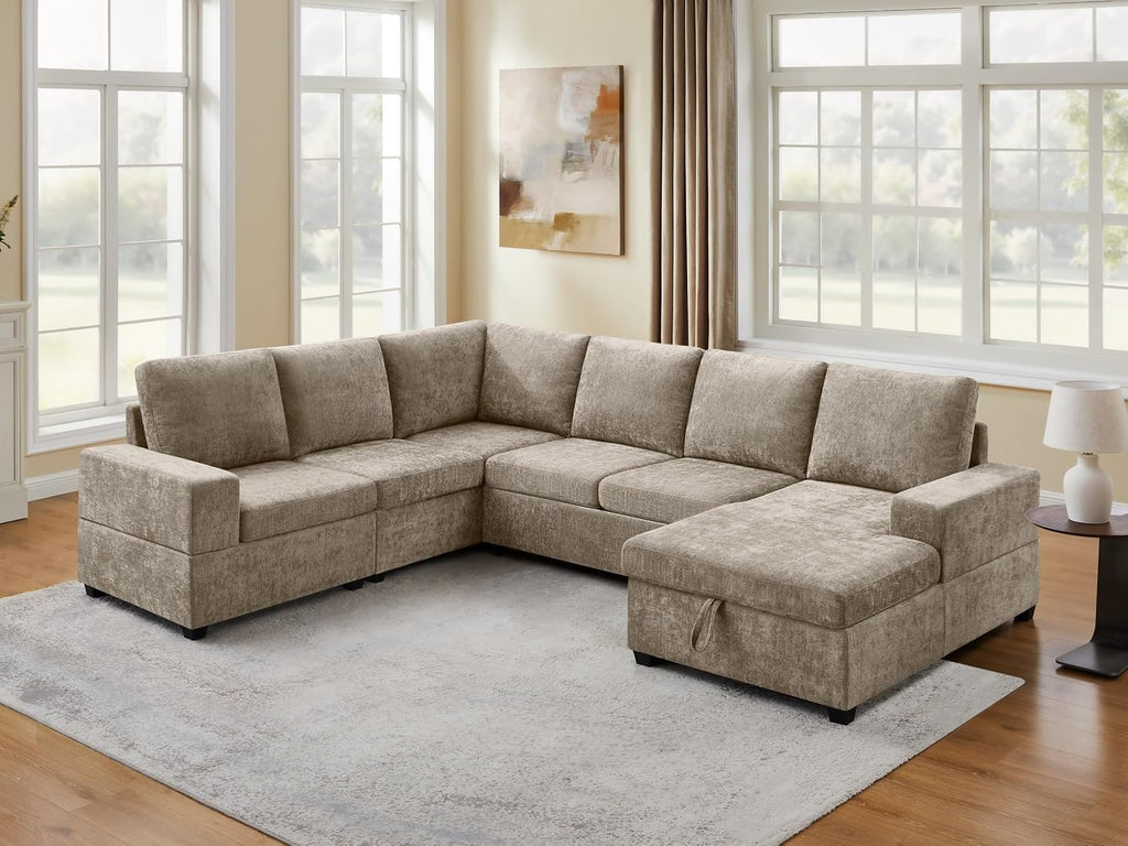 VANOMi 119 Inch Sectional Sleeper Sofa with Storage, 7 Seats Sofas & Couches with Pull Out Bed Chenille Modular Sectional Sofa for Living Room, Apartment, Camel | with Storage, with Pull Out Bed, with Chaise