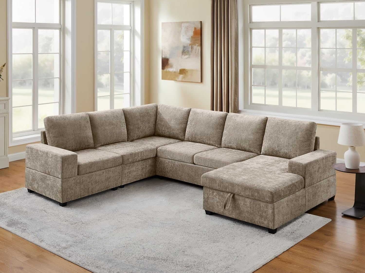 VANOMi 119 Inch Sectional Sleeper Sofa with Storage, 7 Seats Sofas & Couches with Pull Out Bed Chenille Modular Sectional Sofa for Living Room, Apartment, Camel | with Storage, with Pull Out Bed, with Chaise