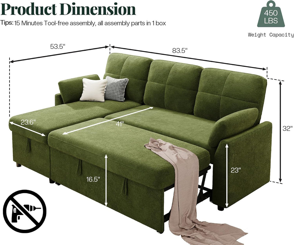 Jocisland Sofa Bed, Sleeper Sofa with Storage Chaise, Convertible Couch Bed with Pull Out Couch, l Shaped for Living Room, Linen Geen