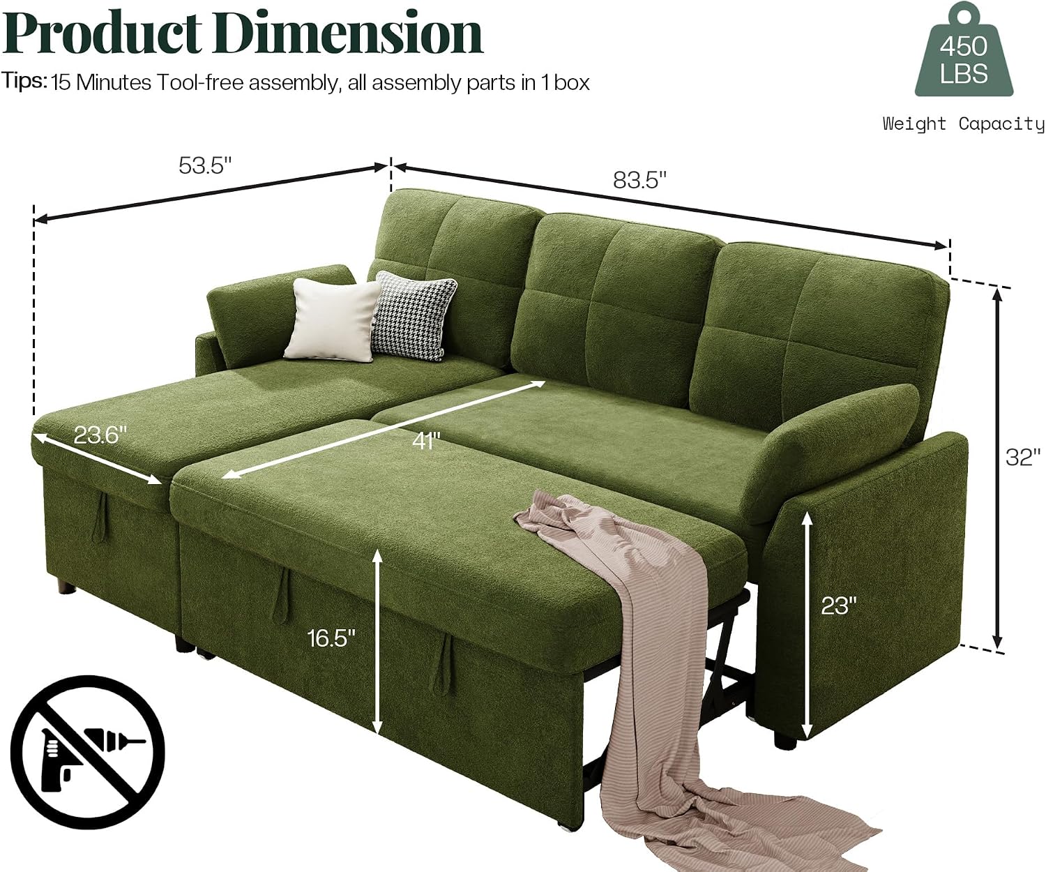 Jocisland Sofa Bed, Sleeper Sofa with Storage Chaise, Convertible Couch Bed with Pull Out Couch, l Shaped for Living Room, Linen Geen