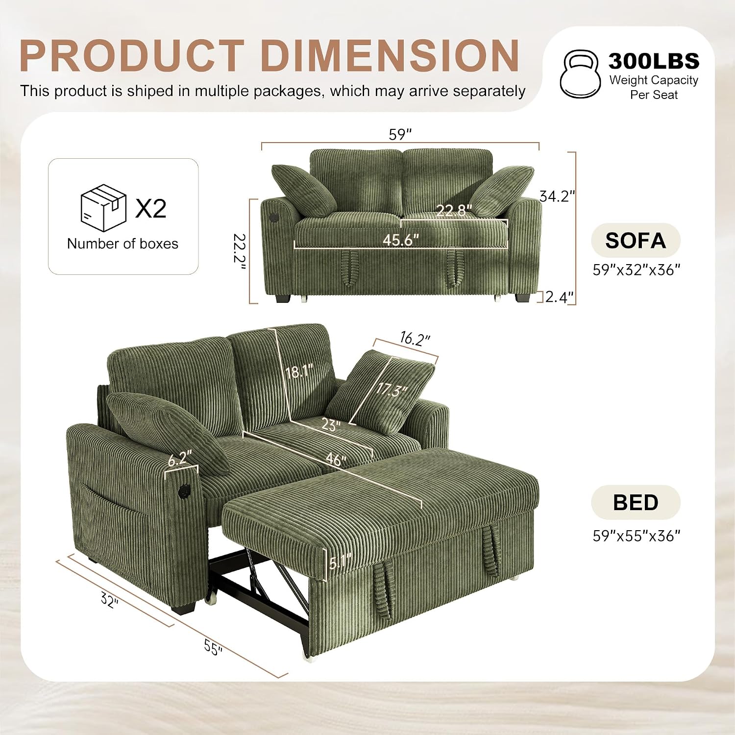 Hanherry 59' Loveseat Sofa with Pull Out Couch Bed, Corduroy 2-in-1 Convertible 2 Seater Sleeper Sofa with USB Charging,Comfy Love Seat for Small Spaces Living Room Apartment