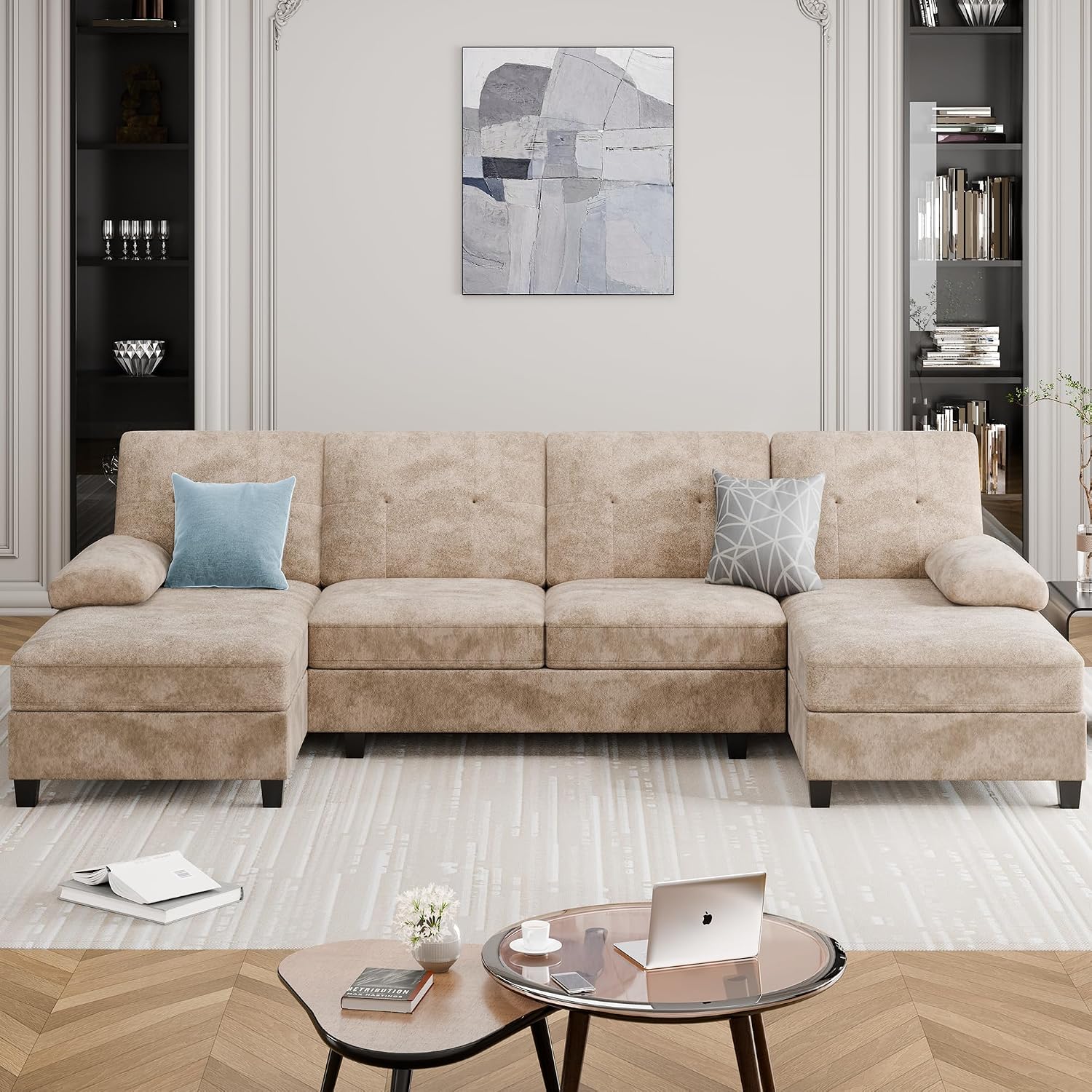 Sectional Couches for Living Room, 4 Seat Sofa Set U Shaped Couch with Double Chaise Lounges, Large Couch for Apartment (Light Beige)