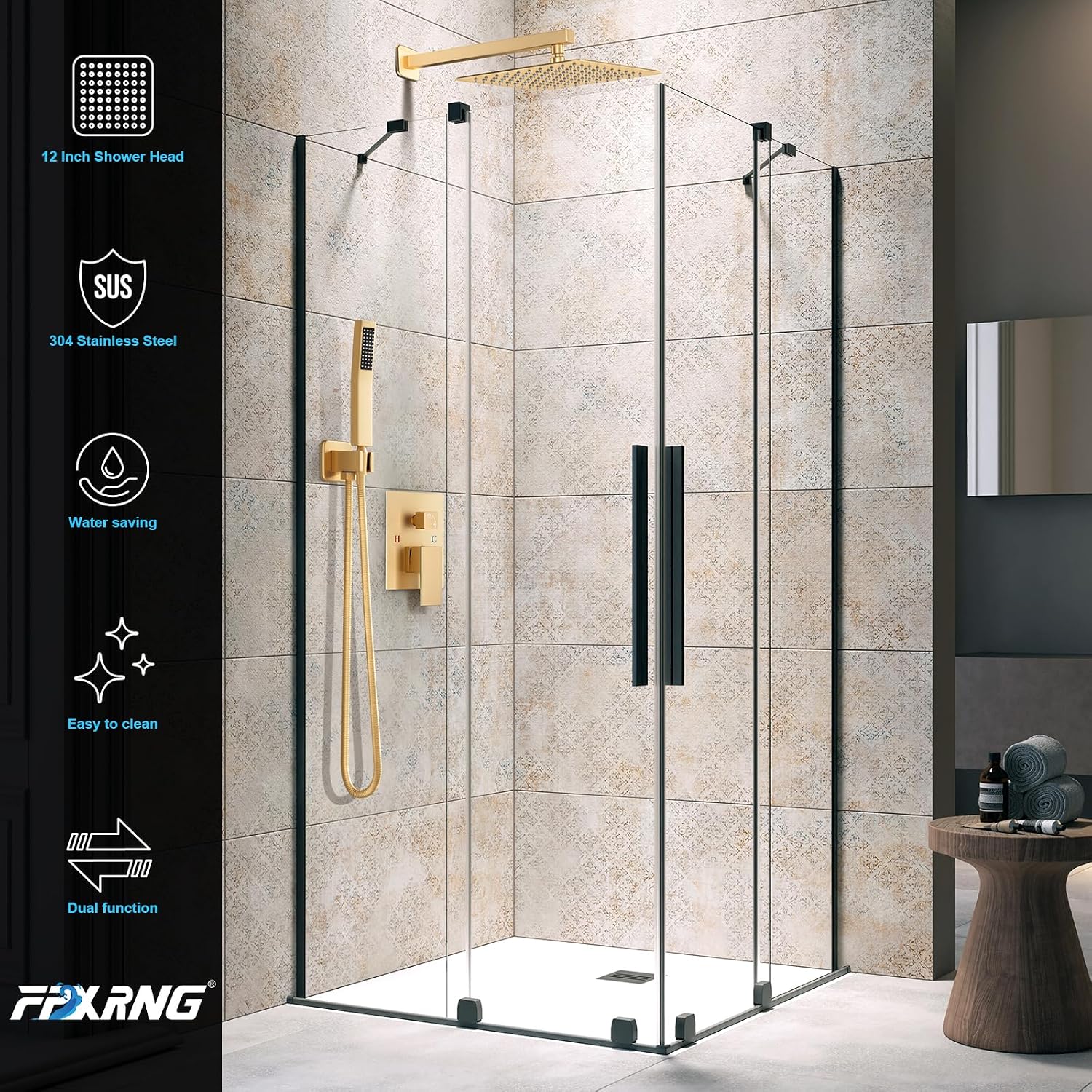FPXRNG Gold Shower Faucet Set, Rainfall Shower System with Rain Shower Head and Handle Set, Wall Mounted Shower Fixtures, Full Metal Trim Repair Kit 12 inch Paint Gold (With Shower Valve)