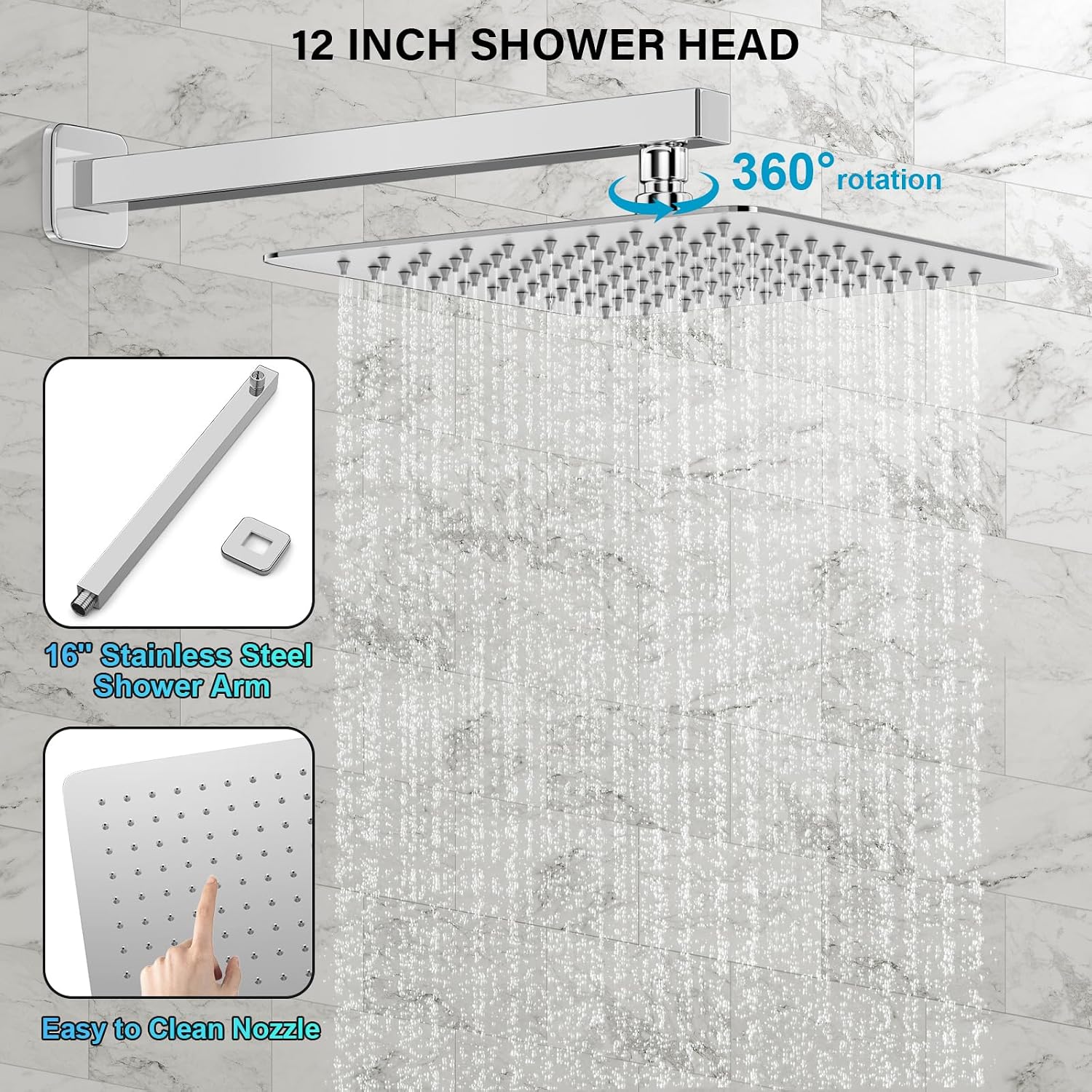 FPXRNG Shower Faucet Set Bathroom Square Rain Shower Head and Handle Set, Wall Mounted Shower Fixtures, Full Metal Trim Repair Kit 12 inch Polished Chrome (With Shower Valve)