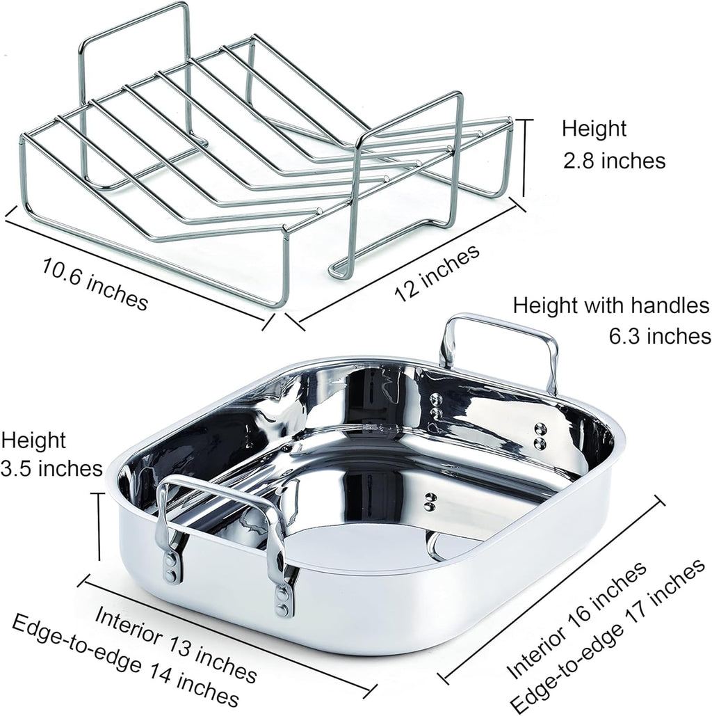Cooks Standard Classic 16 x 13 Inch Stainless Steel Roaster Pan with V-Shaped Rack, Turkey Roasting Pan with Rack, Large Capacity, Oven and Dishwasher Safe