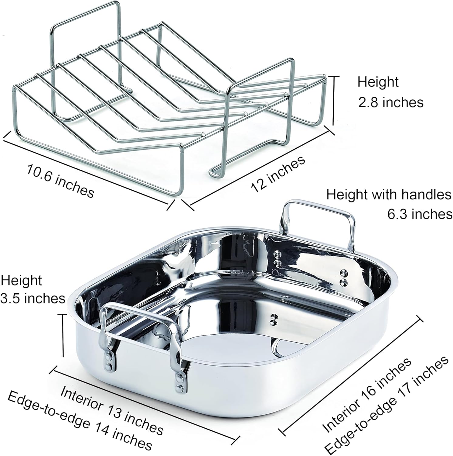 Cooks Standard Classic 16 x 13 Inch Stainless Steel Roaster Pan with V-Shaped Rack, Turkey Roasting Pan with Rack, Large Capacity, Oven and Dishwasher Safe