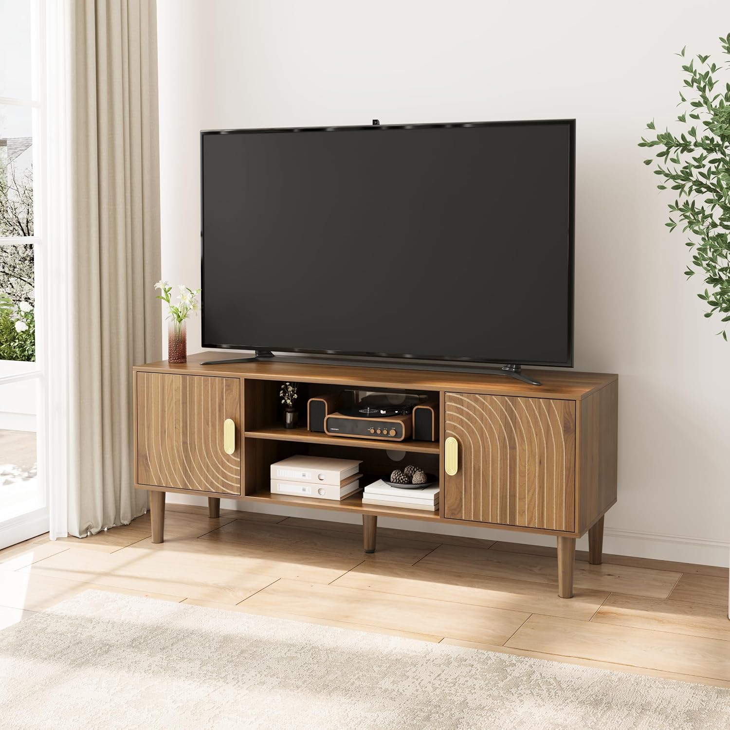 Smuxee Walnut TV Stand with Line Groove Design, 47.2' Mid Century Modern TV Media Console for TVs up to 55', TV Cabinet with Adjustable Shelf & 2 Cabinets for Living Room
