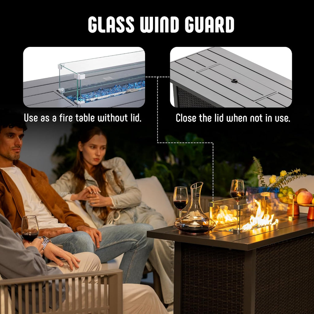 Werph 43' Propane Fire Pit Table with Rattan Fence, 50,000 BTU Gas Fire Pits for Outside Patio with Auto-Ignition, 2-in-1 Fire Table with Natural Lava Rock, Wind Guard& Removable Lid, Black