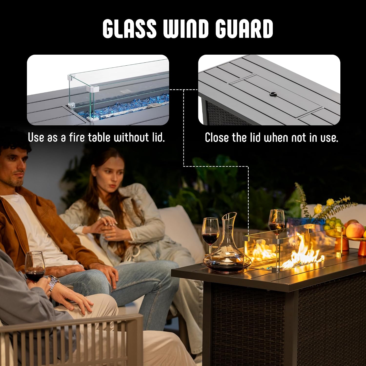 Werph 43' Propane Fire Pit Table with Rattan Fence, 50,000 BTU Gas Fire Pits for Outside Patio with Auto-Ignition, 2-in-1 Fire Table with Natural Lava Rock, Wind Guard& Removable Lid, Black