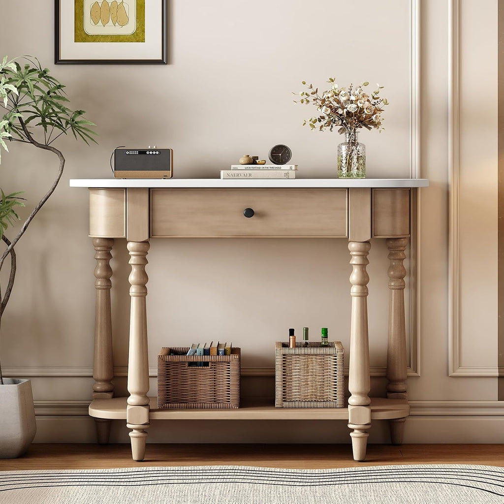 Retro Curved Console Table, 36' Solid Wood Half Moon Console Table Sofa Table Entryway Table with 1 Drawer 1 Open Shelf Roman Legs Curved Corners for Living Room,Entryway,Hallway,White+Beige