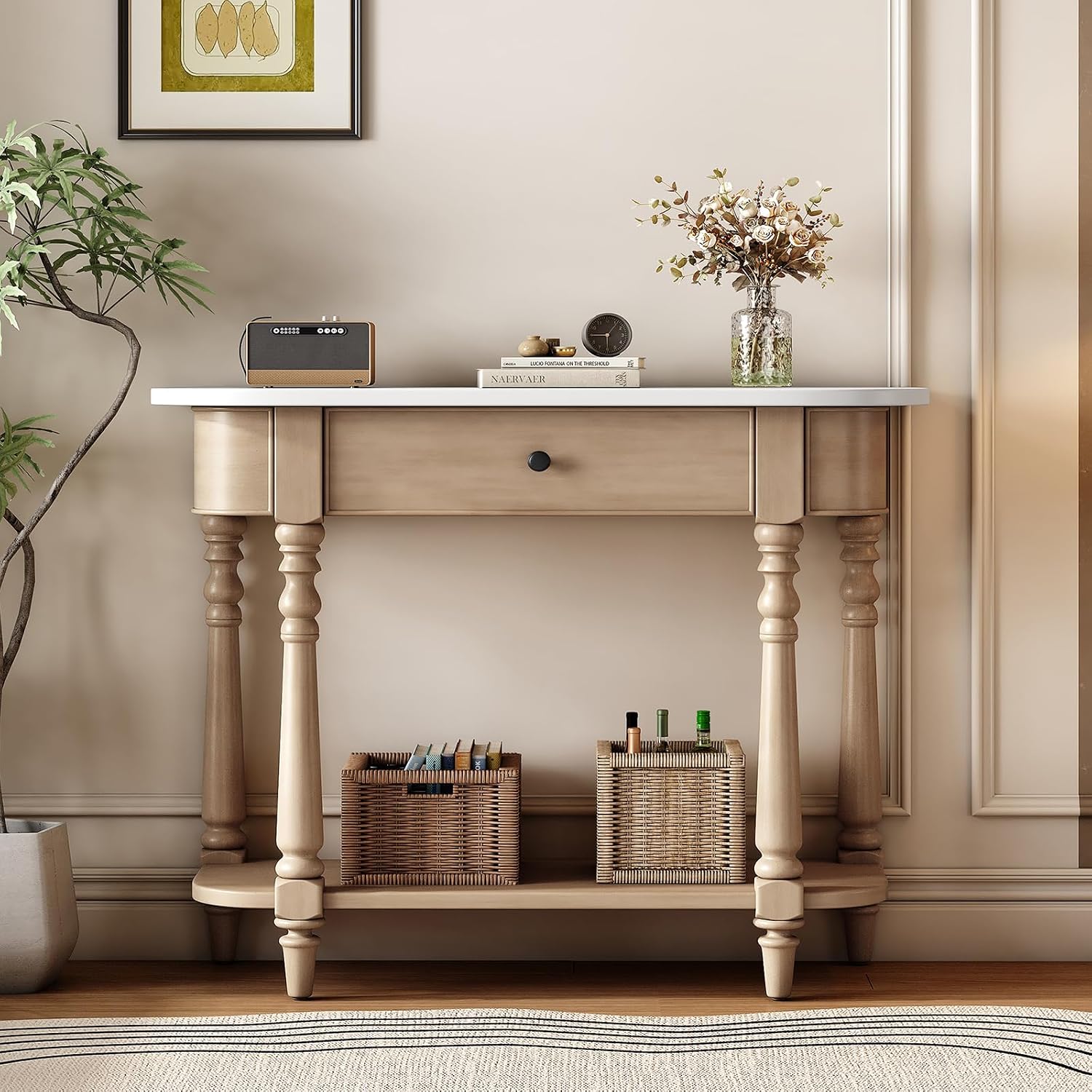 Retro Curved Console Table, 36' Solid Wood Half Moon Console Table Sofa Table Entryway Table with 1 Drawer 1 Open Shelf Roman Legs Curved Corners for Living Room,Entryway,Hallway,White+Beige