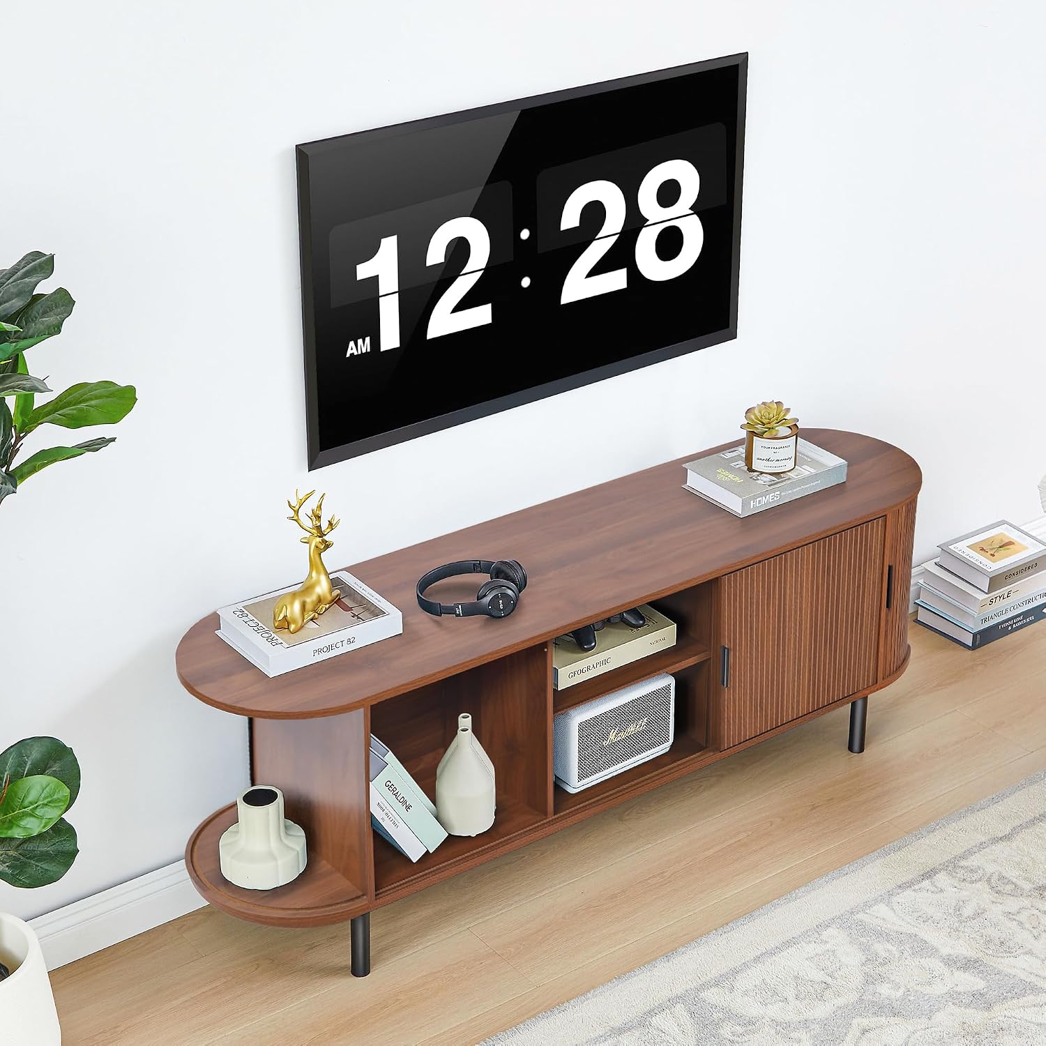 Janmer Home 63' Fluted TV Stand for 65/70 Inch, Mid Century Modern Console With Sliding Doors, Curved Gaming Entertainment Center, Media Console for Living Room, Bedroom (Walnut, 63inch-4doors)