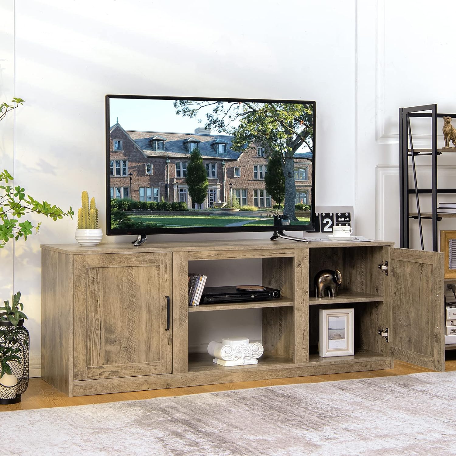 Tangkula Farmhouse TV Stand with Double Barn Doors, Media Entertainment Center for TVs up to 65 Inch, Rustic Wood TV Console Table with Storage Cabinets & Adjustable Shelves for Living Room