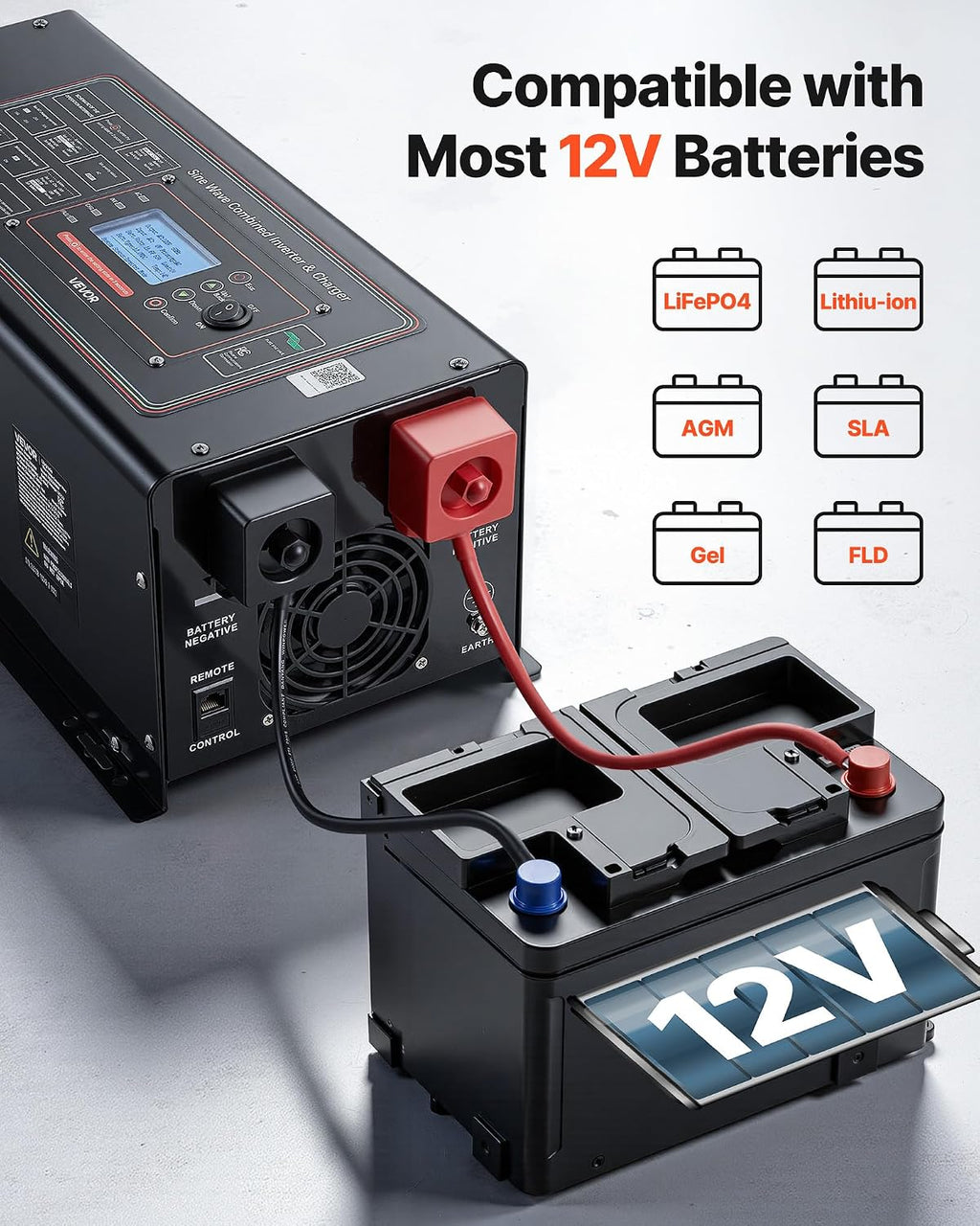 VEVOR Pure Sine Wave Inverter Charger, 2000W, DC 12V to AC 120V Power Inverter with LCD Display, Remote Control, Low Frequency, GFCI, for RV Camper Home, Compatible with 12V LiFePO4 Lithium Batteries