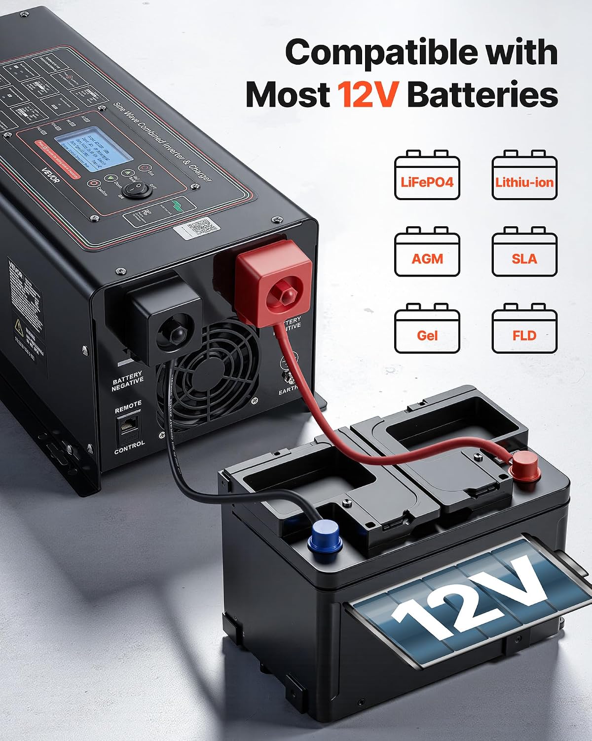 VEVOR Pure Sine Wave Inverter Charger, 2000W, DC 12V to AC 120V Power Inverter with LCD Display, Remote Control, Low Frequency, GFCI, for RV Camper Home, Compatible with 12V LiFePO4 Lithium Batteries