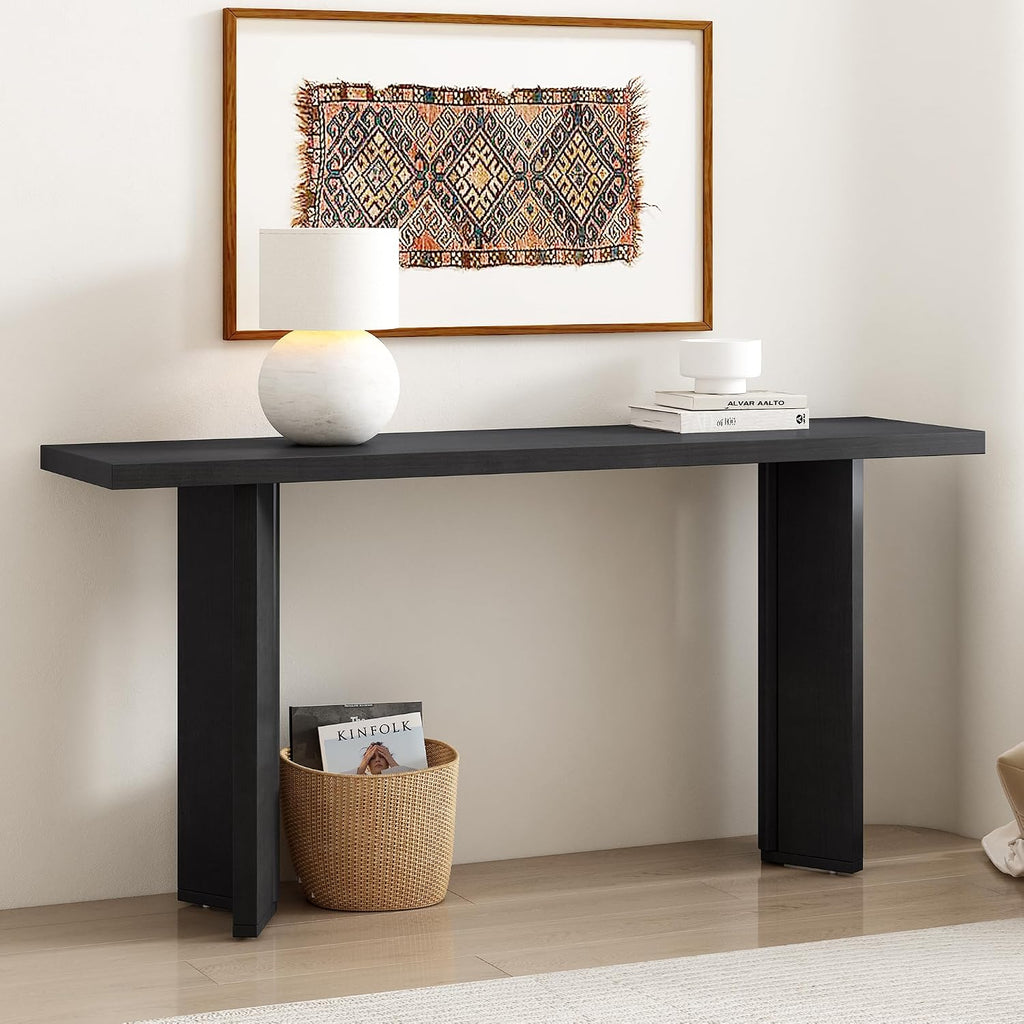 Ball & Cast 63' Pine Veneer Console Table, Modern Entryway Table with Geometric MDF Legs, Narrow Sofa Table for Living Room, Hallway & Study, Black Finish