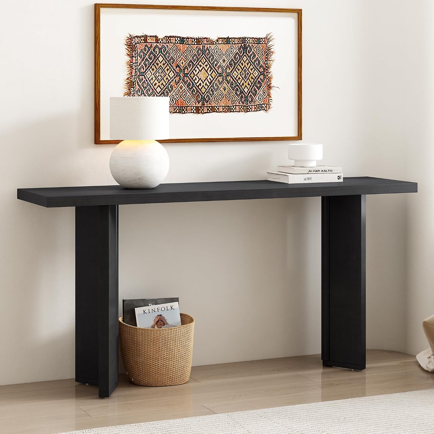 Ball & Cast 63' Pine Veneer Console Table, Modern Entryway Table with Geometric MDF Legs, Narrow Sofa Table for Living Room, Hallway & Study, Black Finish