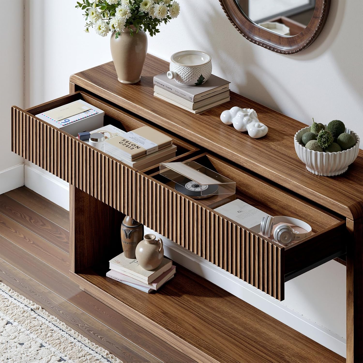Evermagin 59'' Walnut Entryway Table with Drawers, Fluted Console Table, Mid Century Modern Sofa Table with Storage for Living Room, Entrance, Hallway